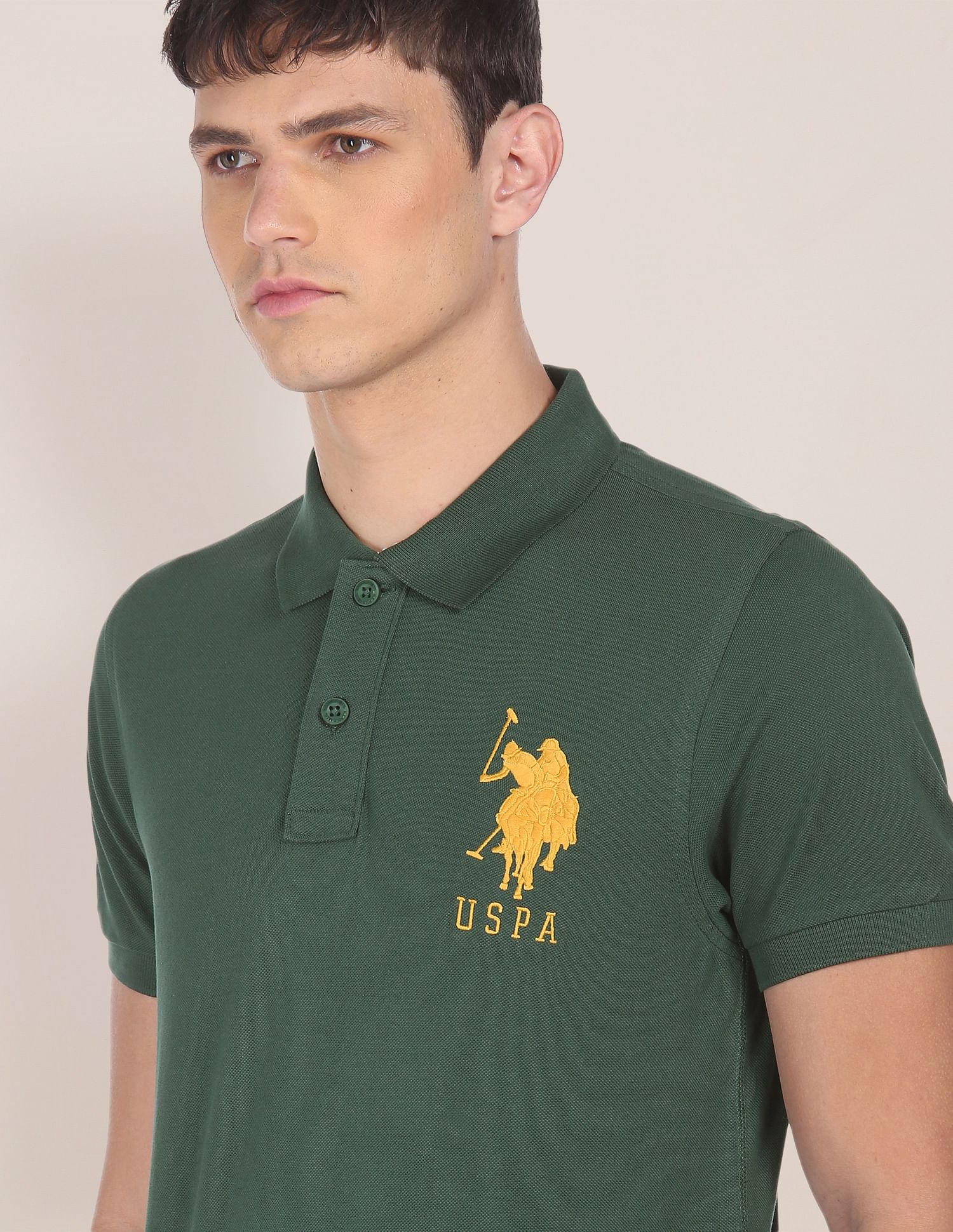 Men Dark Green Cotton Solid Polo Shirt Dark Green - U.S. POLO ASSN. | Large