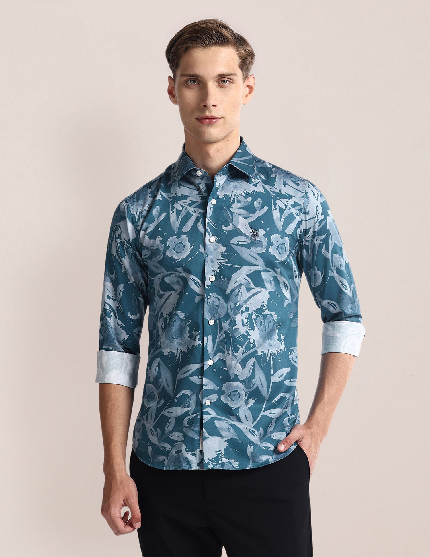 Floral Print Tailored Fit Shirt Blue - U.S. Polo Assn. India | Large