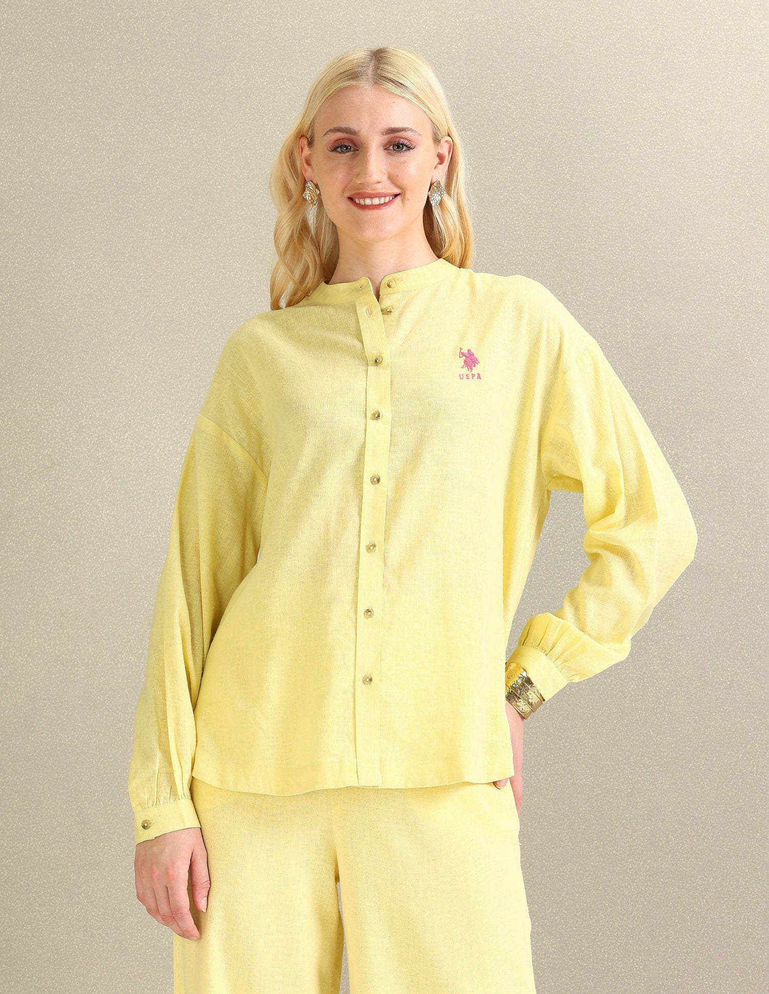 Mandarin Collar Viscose Linen Shirt Yellow - U.S. POLO ASSN. | Large