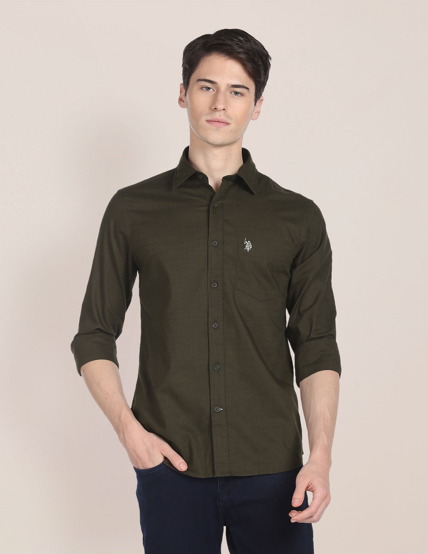 Regular Fit Solid Casual Shirt Olive - U.S. Polo Assn. India | Large