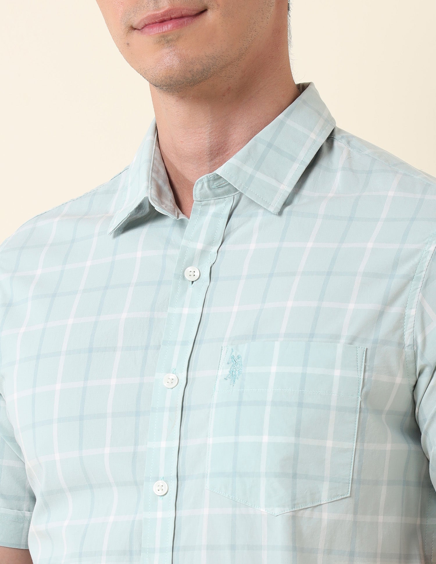 Pure Cotton Grid Tattersall Checked Shirt Light Green - U.S. Polo Assn. India | Large