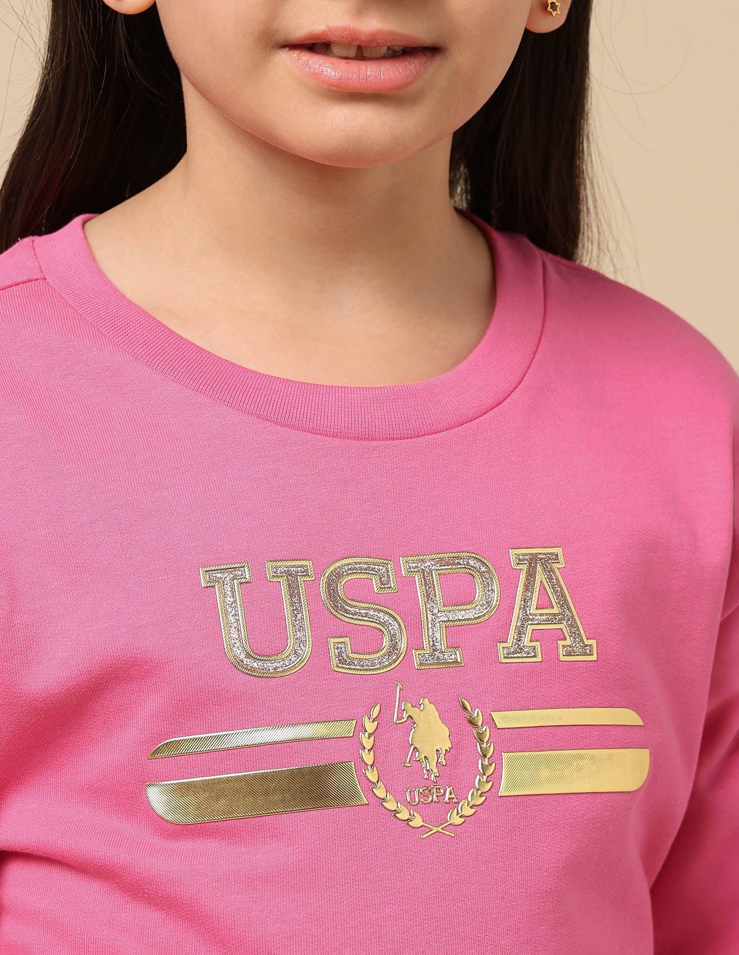 Girls Metallic Brand Print Sweatshirt Pink - U.S. Polo Assn. India | Large