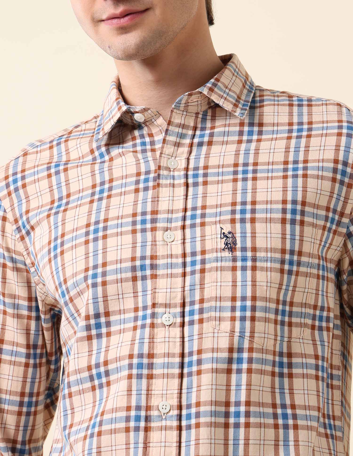 Tartan Checked Pure Cotton Shirt Light Orange - U.S. Polo Assn. India | Large