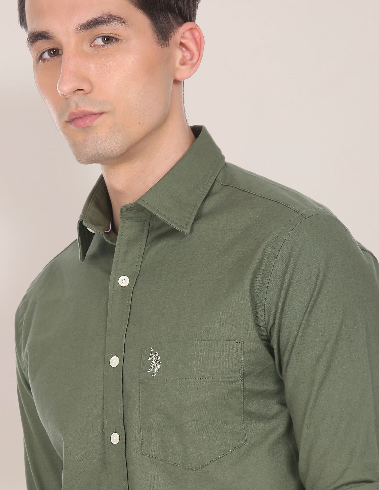 Spread Collar Solid Casual Shirt Olive - U.S. POLO ASSN. | Large