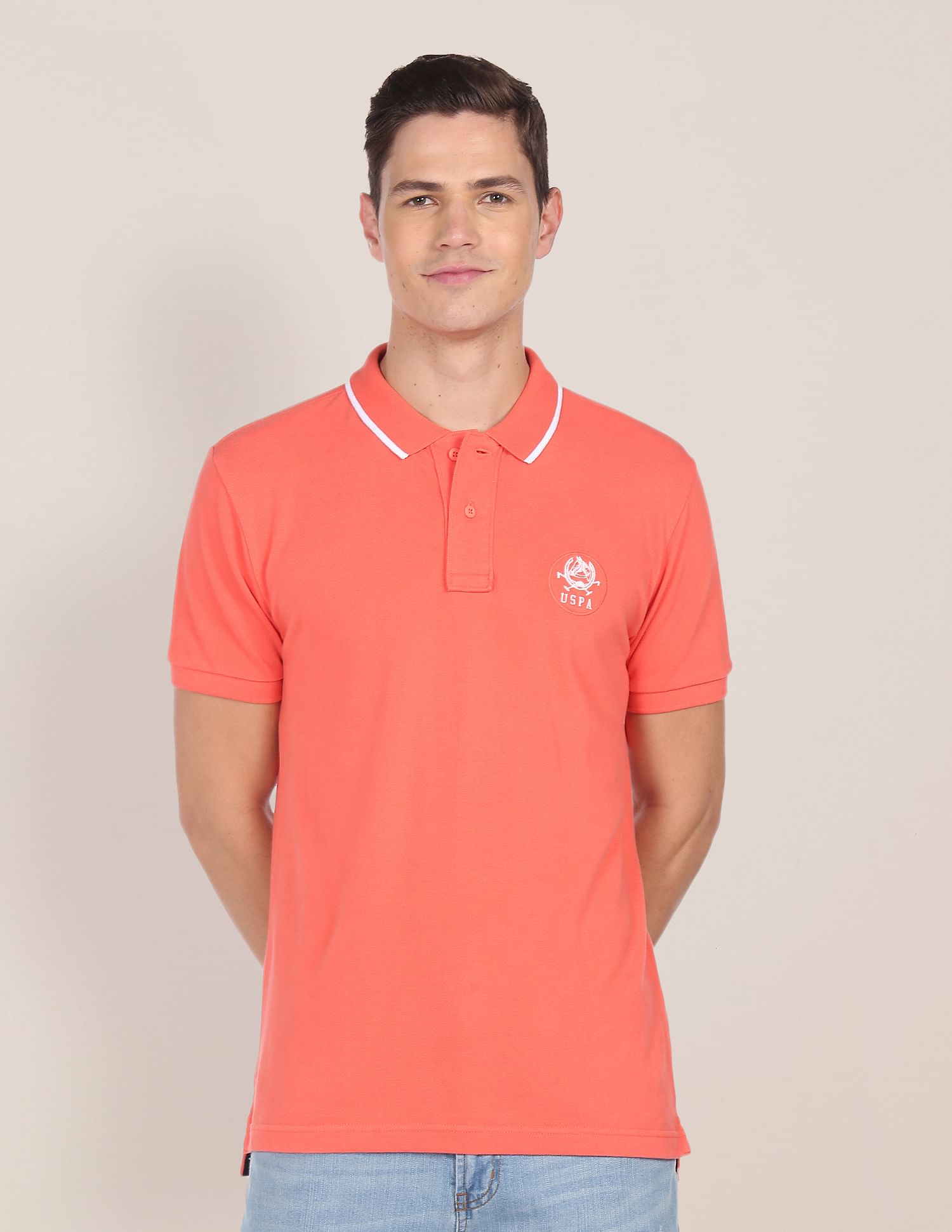 Tipped Collar Solid Polo Shirt Peach - U.S. Polo Assn. India | Large
