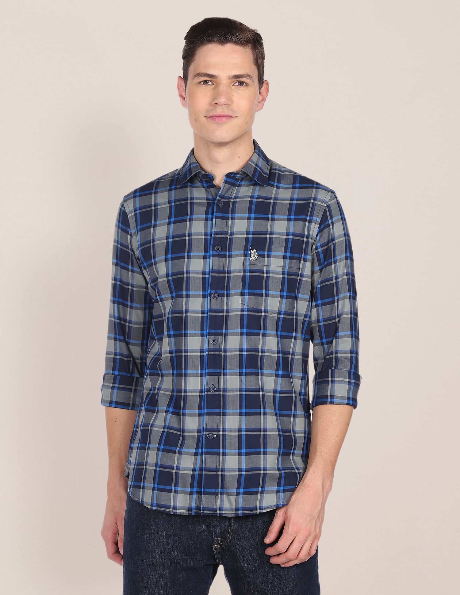 Tartan Check Herringbone Casual Shirt Navy - U.S. Polo Assn. India | Large