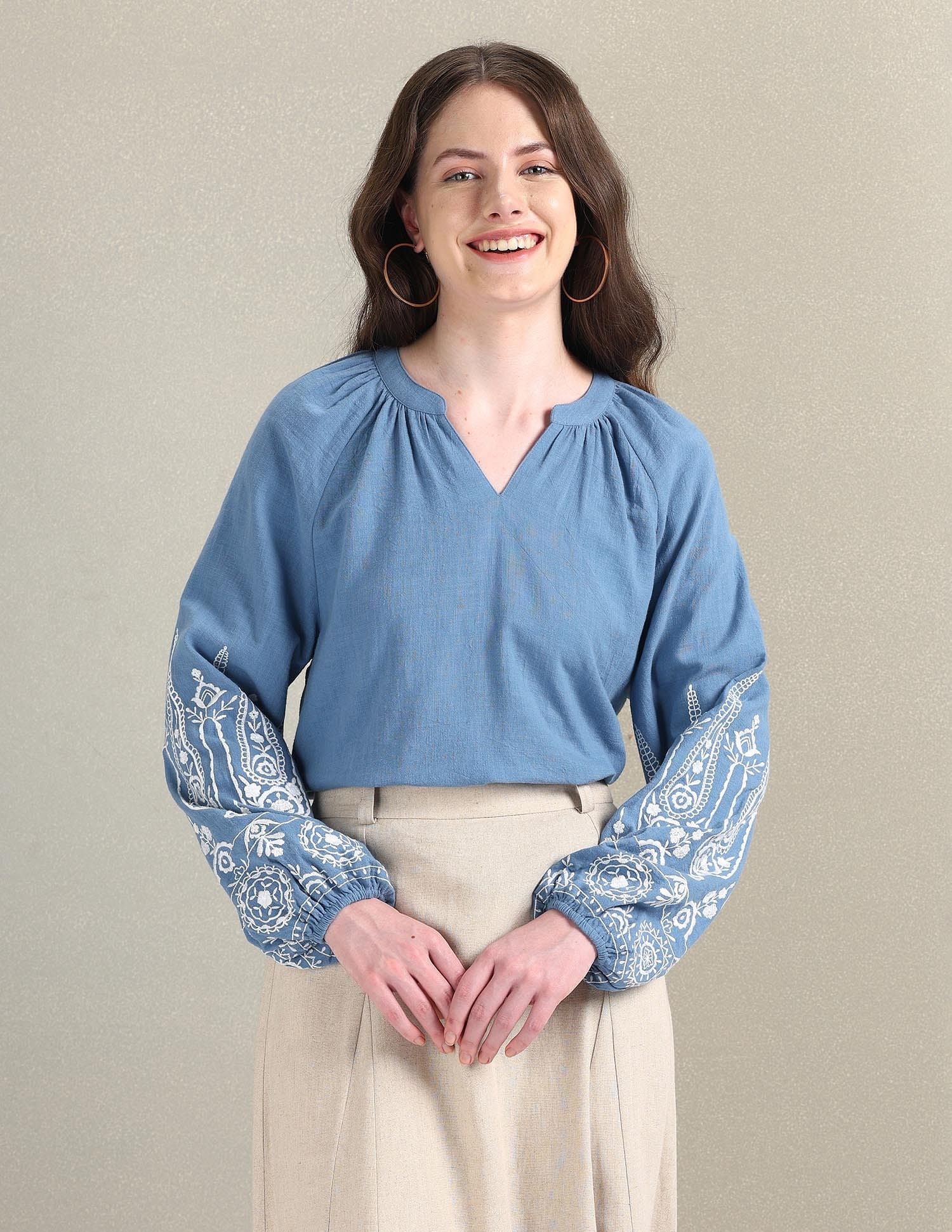 Cotton Flax Embroidered Blouson Top Blue - U.S. POLO ASSN. | Large