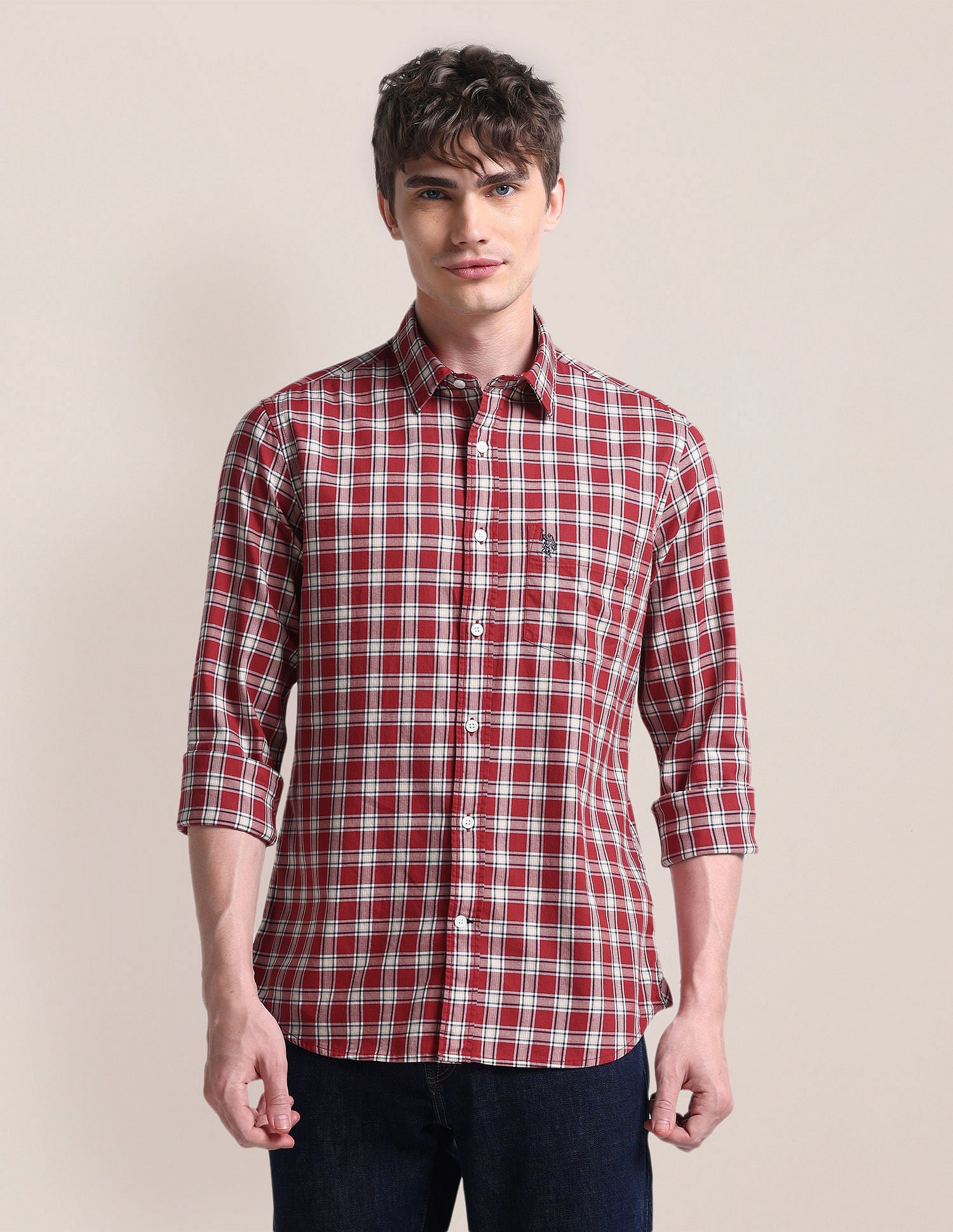 Tartan Checked Twill Cotton Shirt White - U.S. Polo Assn. India | Large
