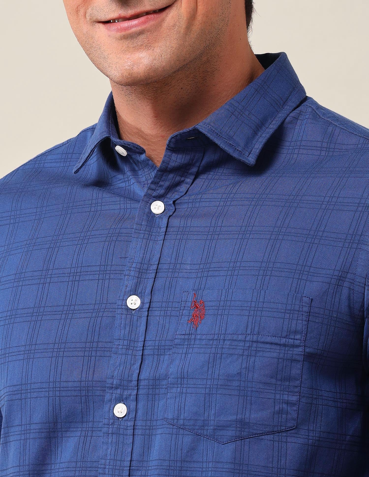 Tailored Fit Windowpane Checked Shirt Blue - U.S. Polo Assn. India | Large