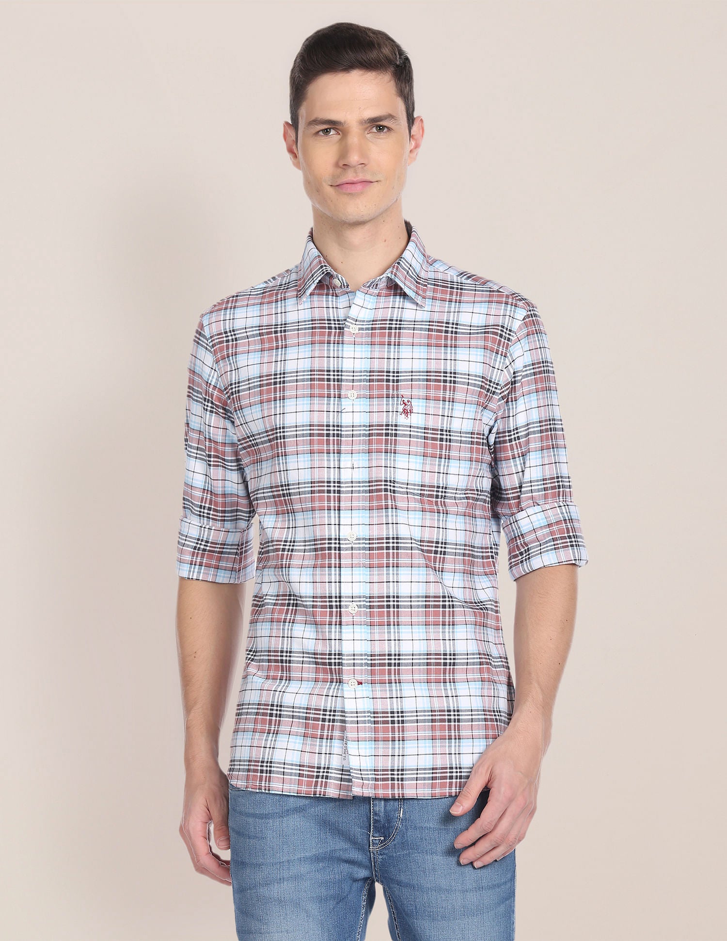 Spread Collar Plaid Check Shirt White and Rust - U.S. POLO ASSN. | Large