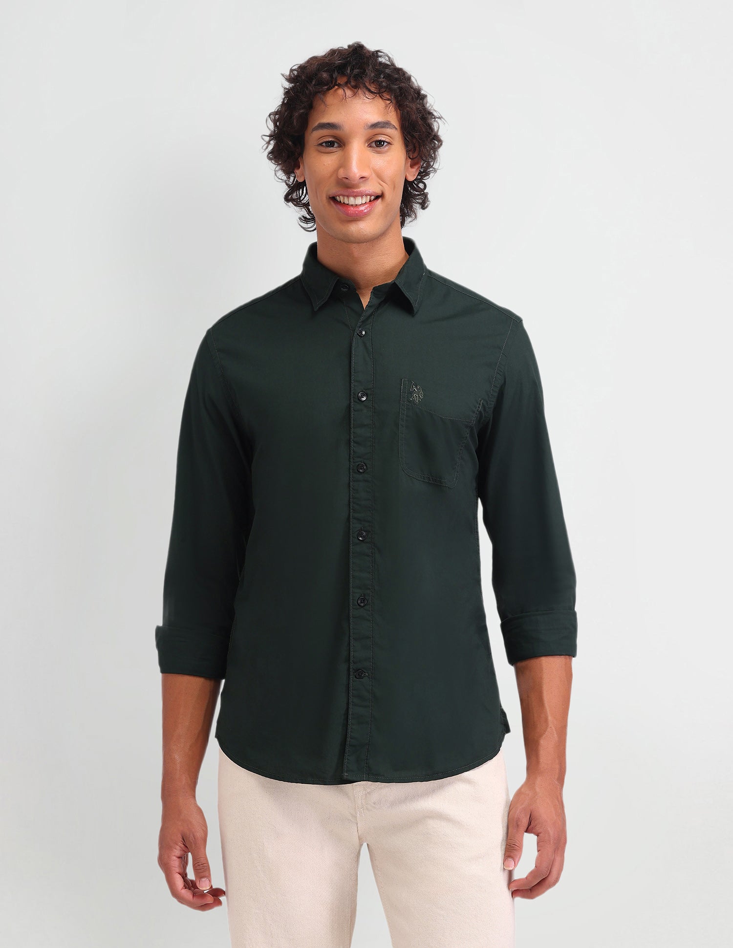 Solid Pattern Twill Shirt Dark Green - U.S. Polo Assn. India | Large