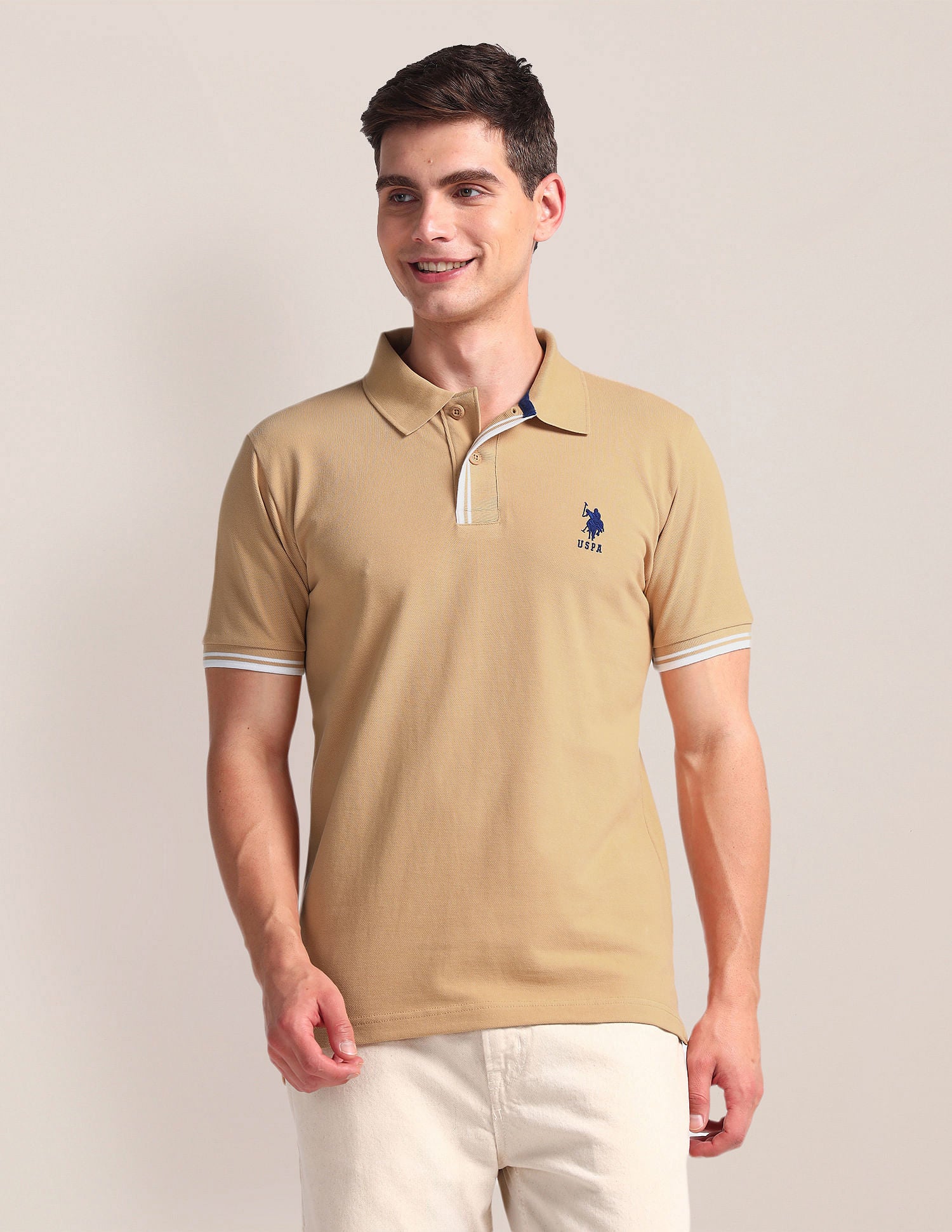 Tipped Placket Slim Polo Shirt Beige - U.S. Polo Assn. India | Large