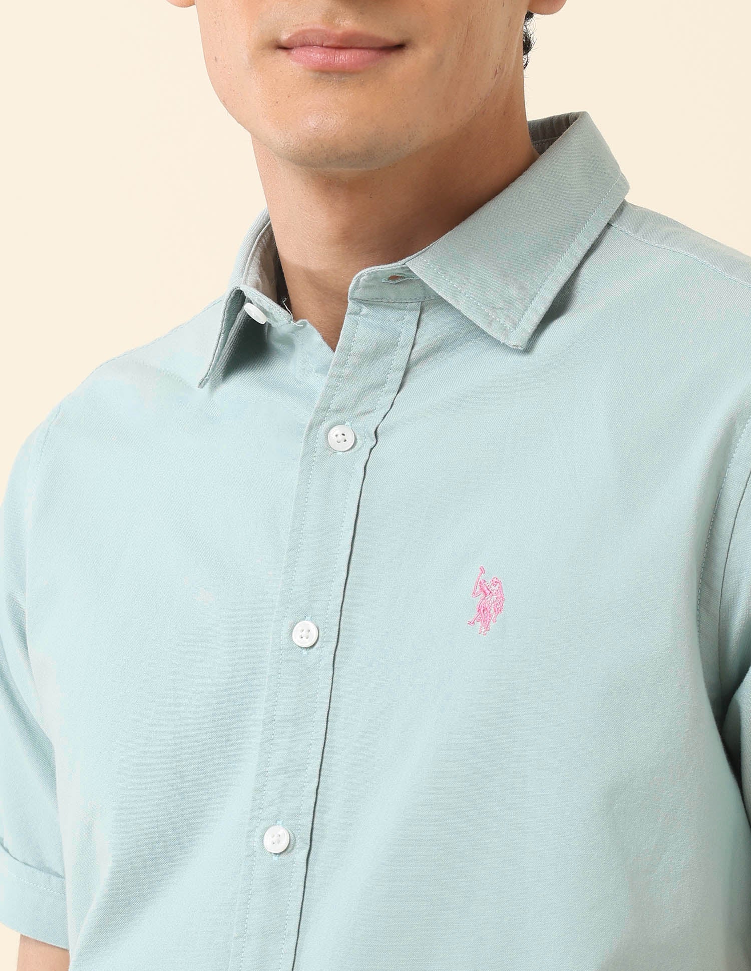 Tailored Fit Solid Pure Cotton Shirt Mint - U.S. Polo Assn. India | Large