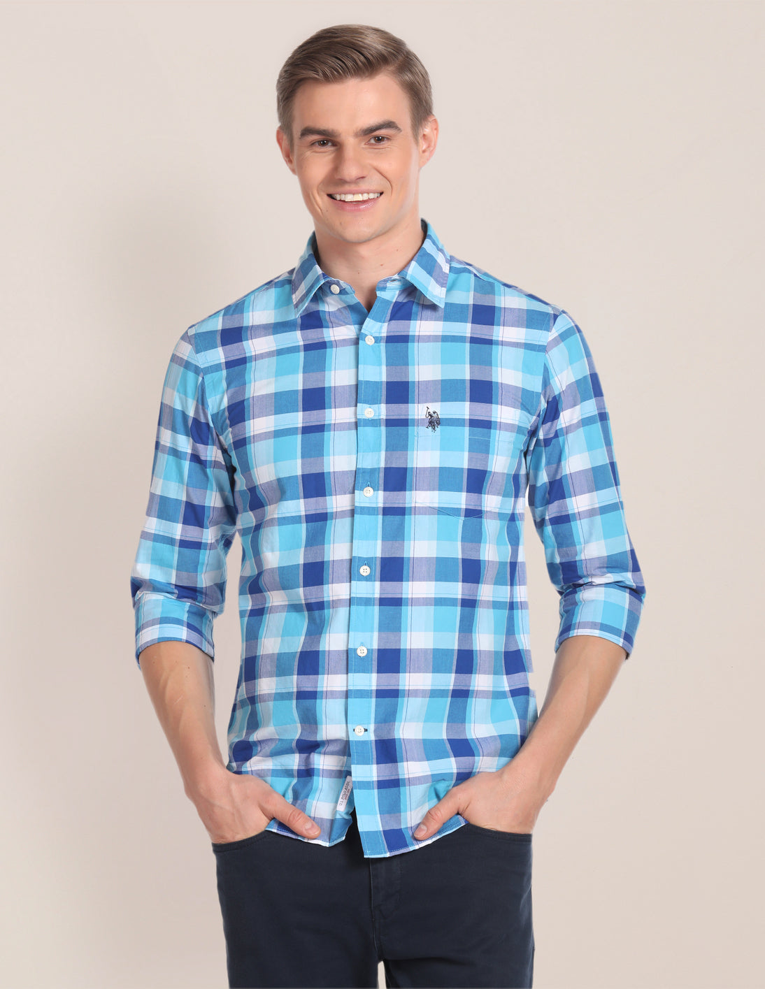 Spread Collar Checked Shirt Blue - U.S. Polo Assn. India | Large