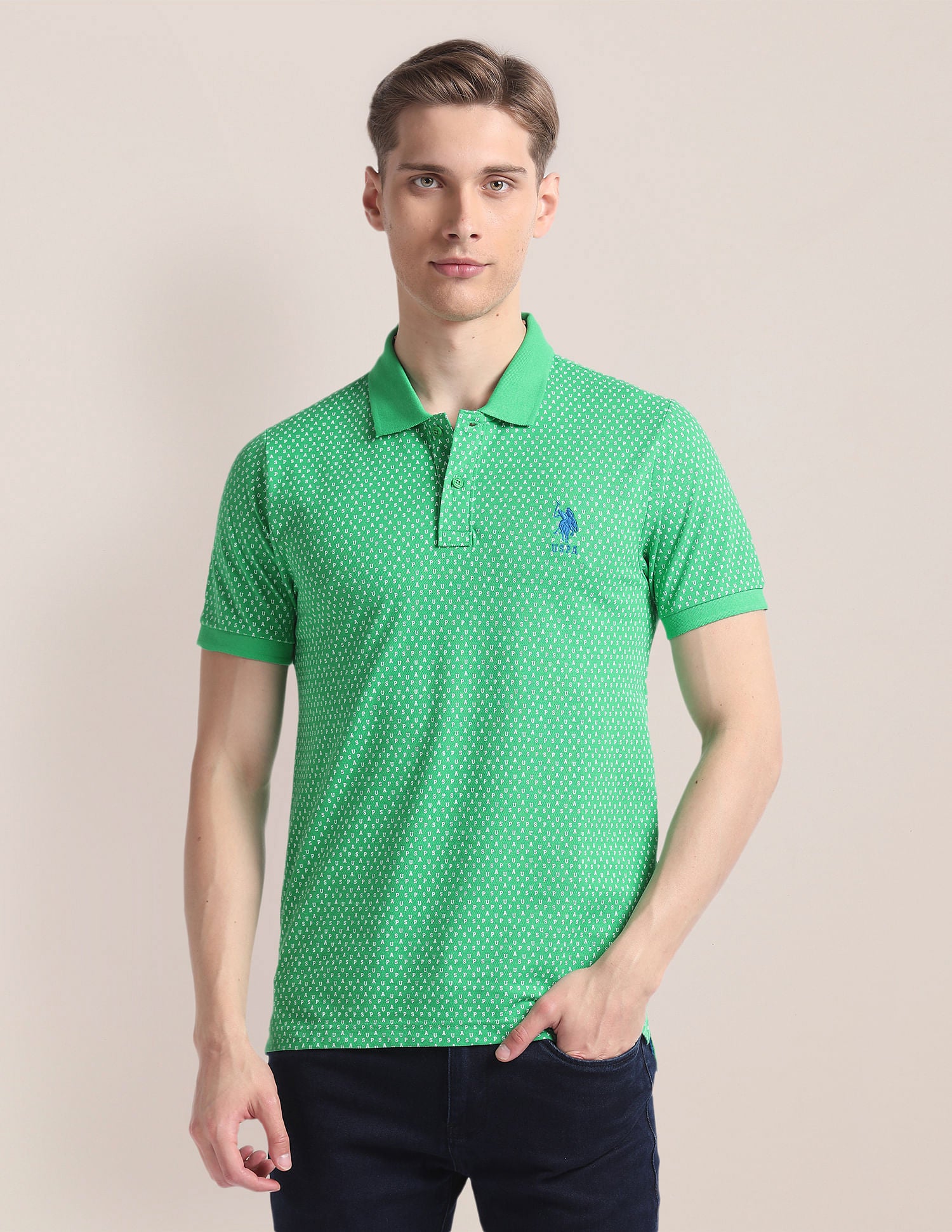 Typography Print Slim Fit Polo Shirt Green - U.S. Polo Assn. India | Large