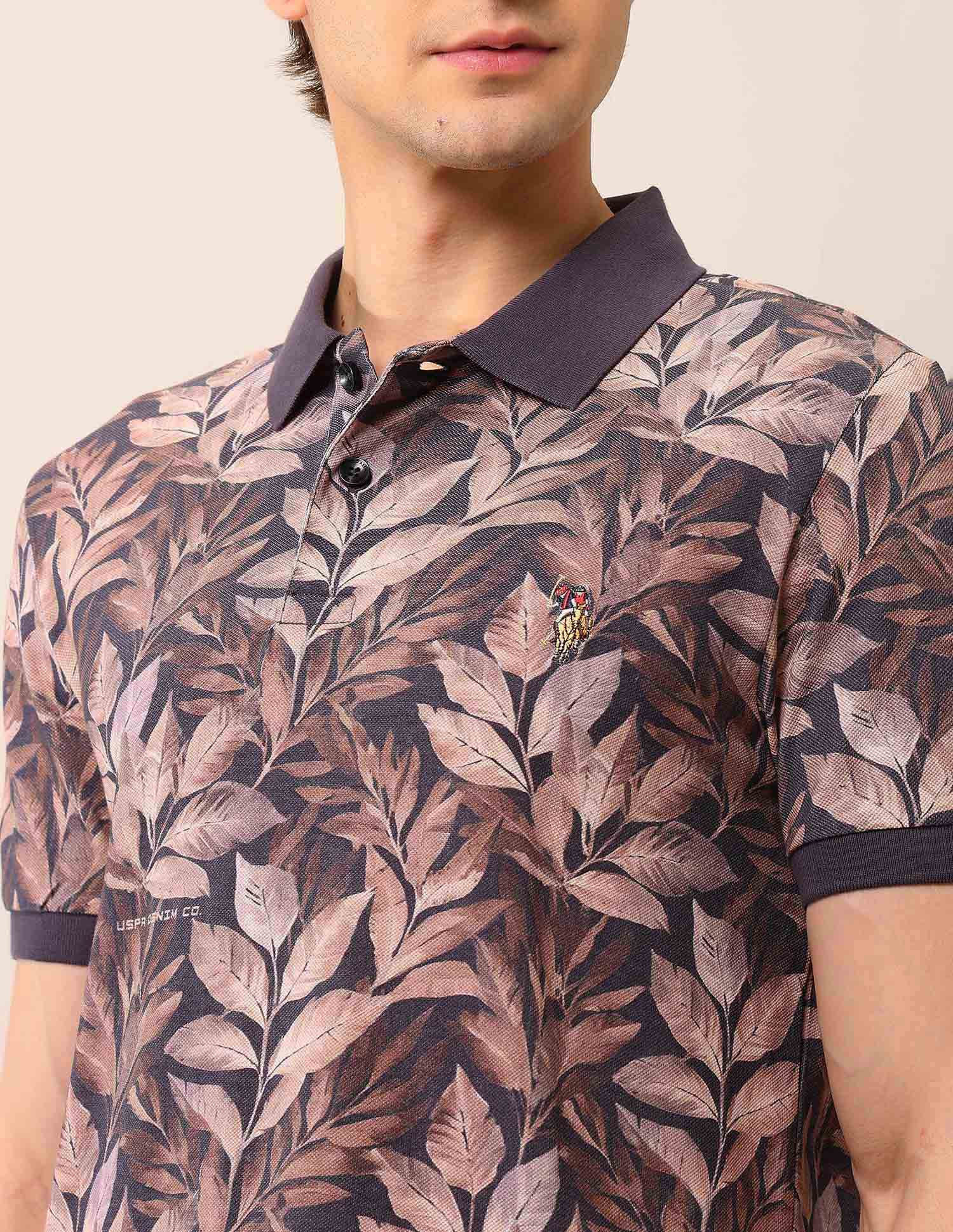 Tropical Printed Pure Cotton Polo Shirt Black - U.S. Polo Assn. India | Large