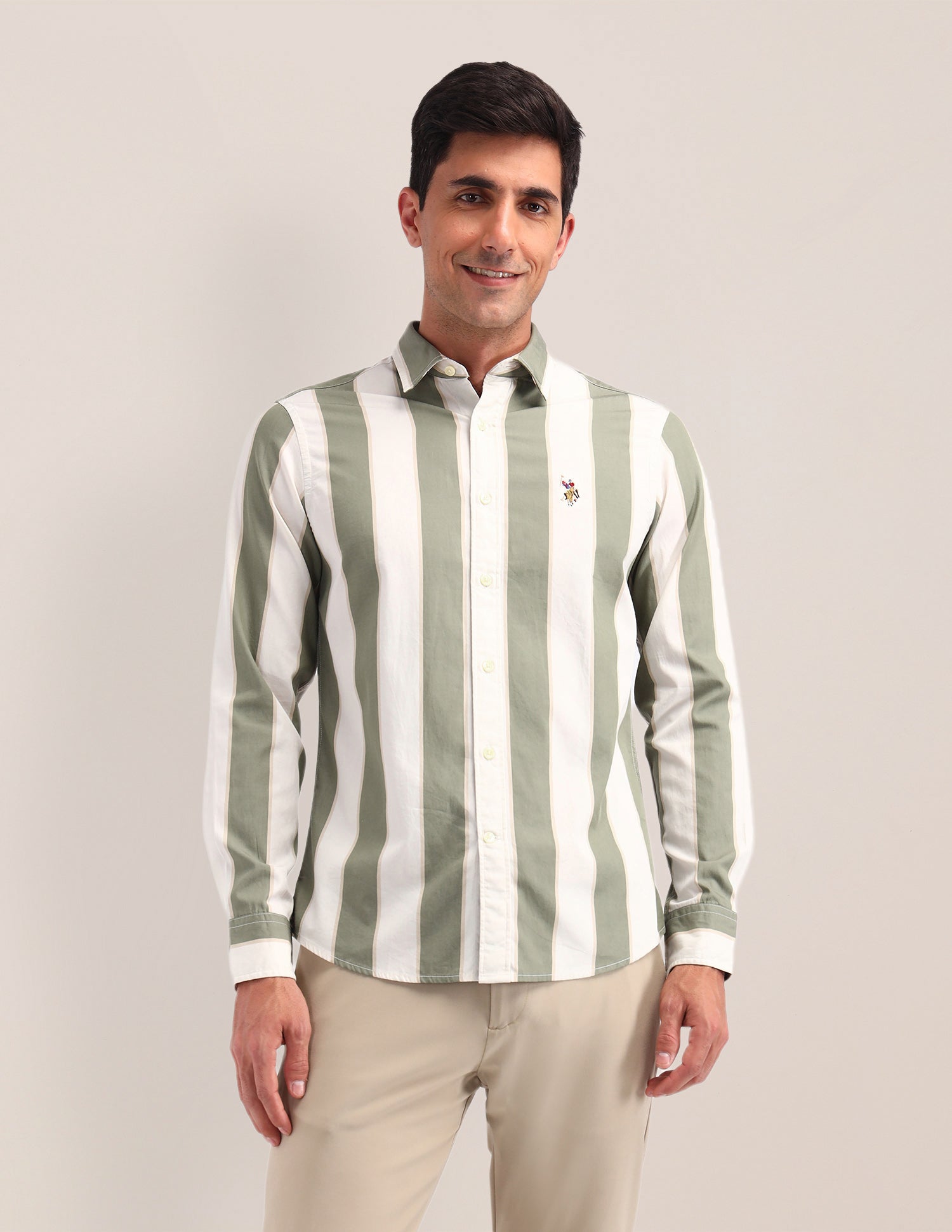 Vertical Striped Poplin Shirt Olive - U.S. Polo Assn. India | Large