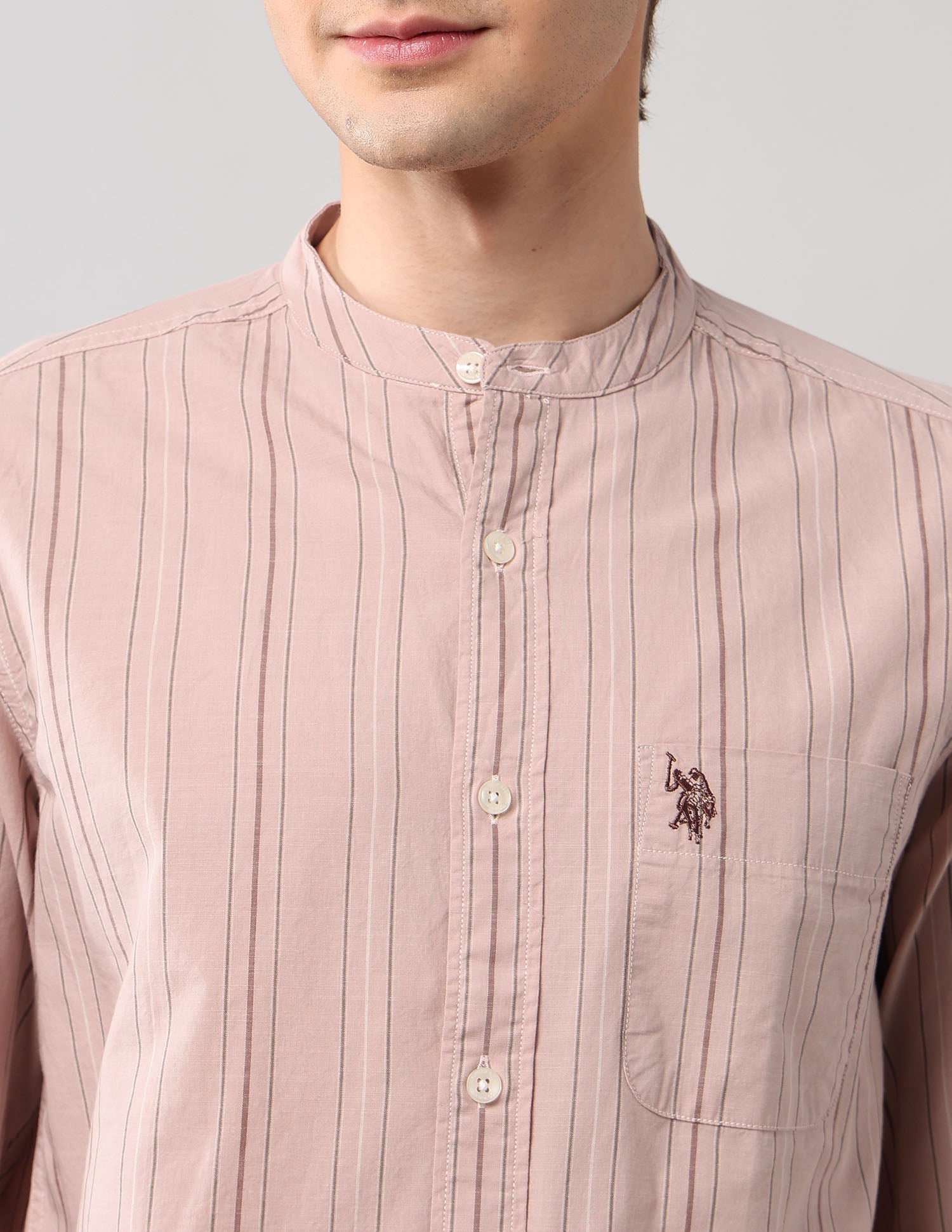 Pure Cotton Regular Fit Mandarin Shirt Peach - U.S. Polo Assn. India | Large