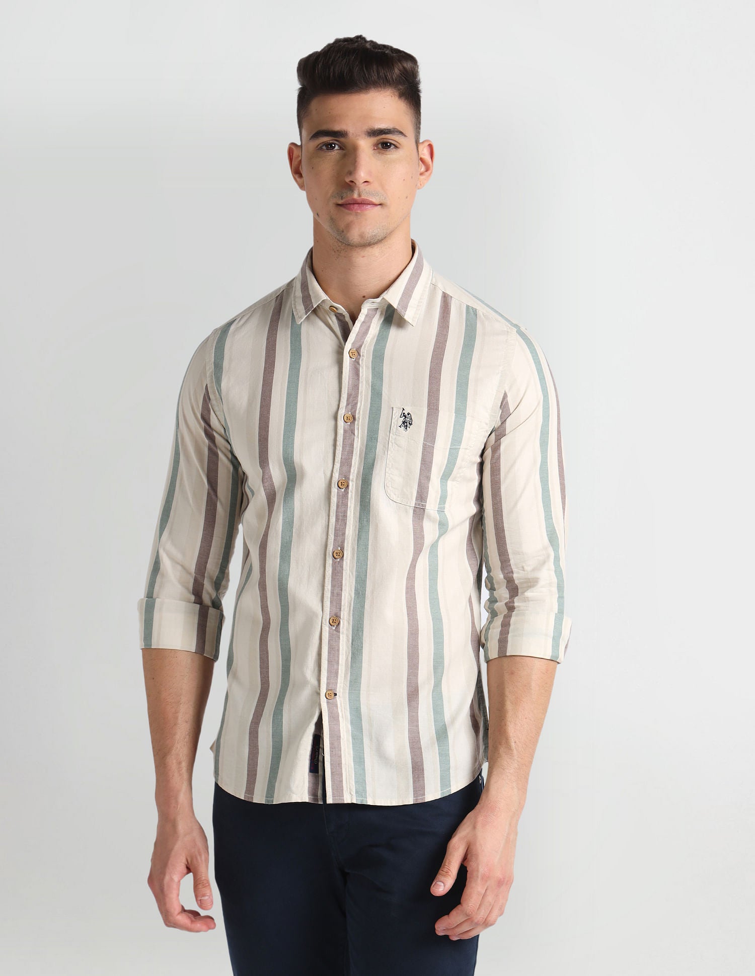 Vertical Stripe Slim Fit Shirt Green, White and Brown - U.S. Polo Assn. India | Large