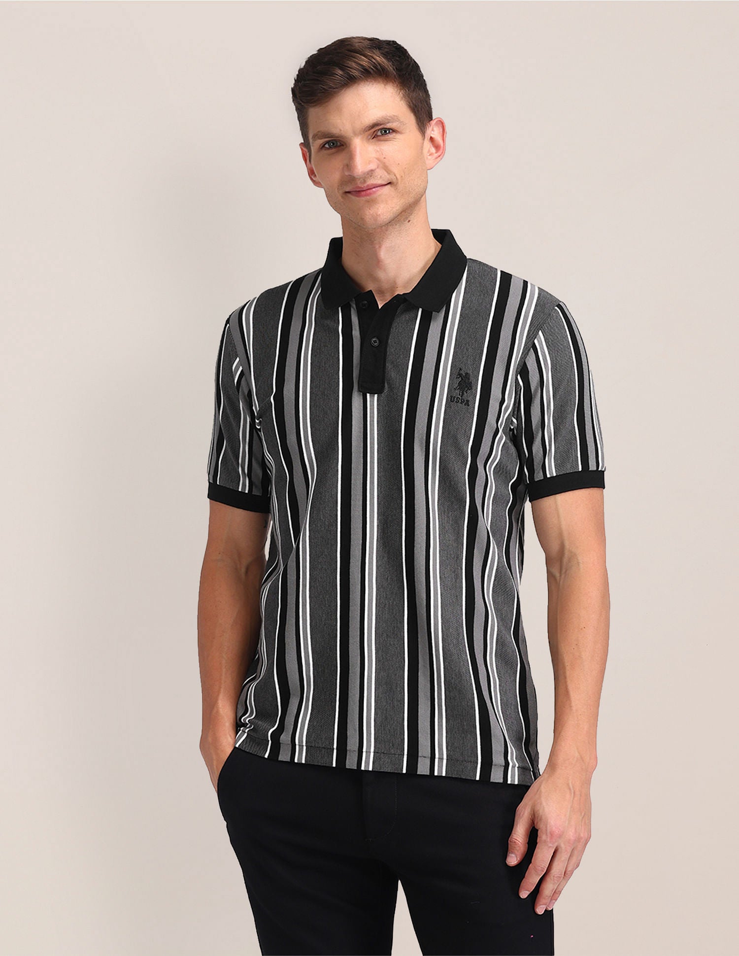 Striped Cotton Polo Shirt Black - U.S. POLO ASSN. | Large