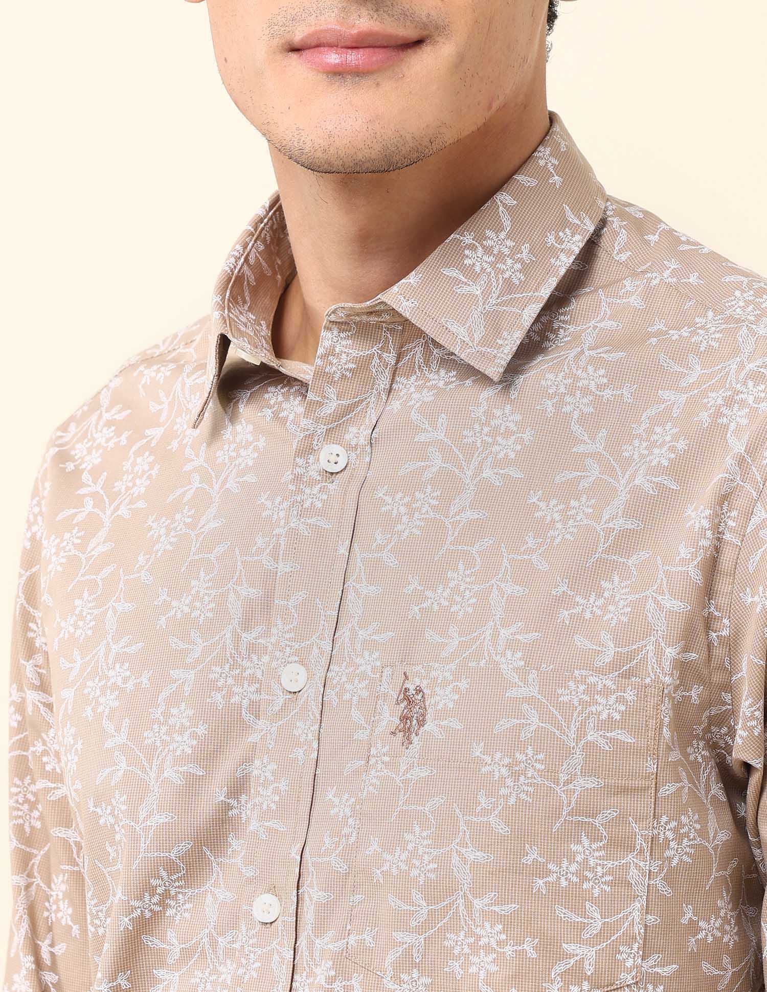 Pure Cotton Floral Printed Shirt Khaki - U.S. Polo Assn. India | Large