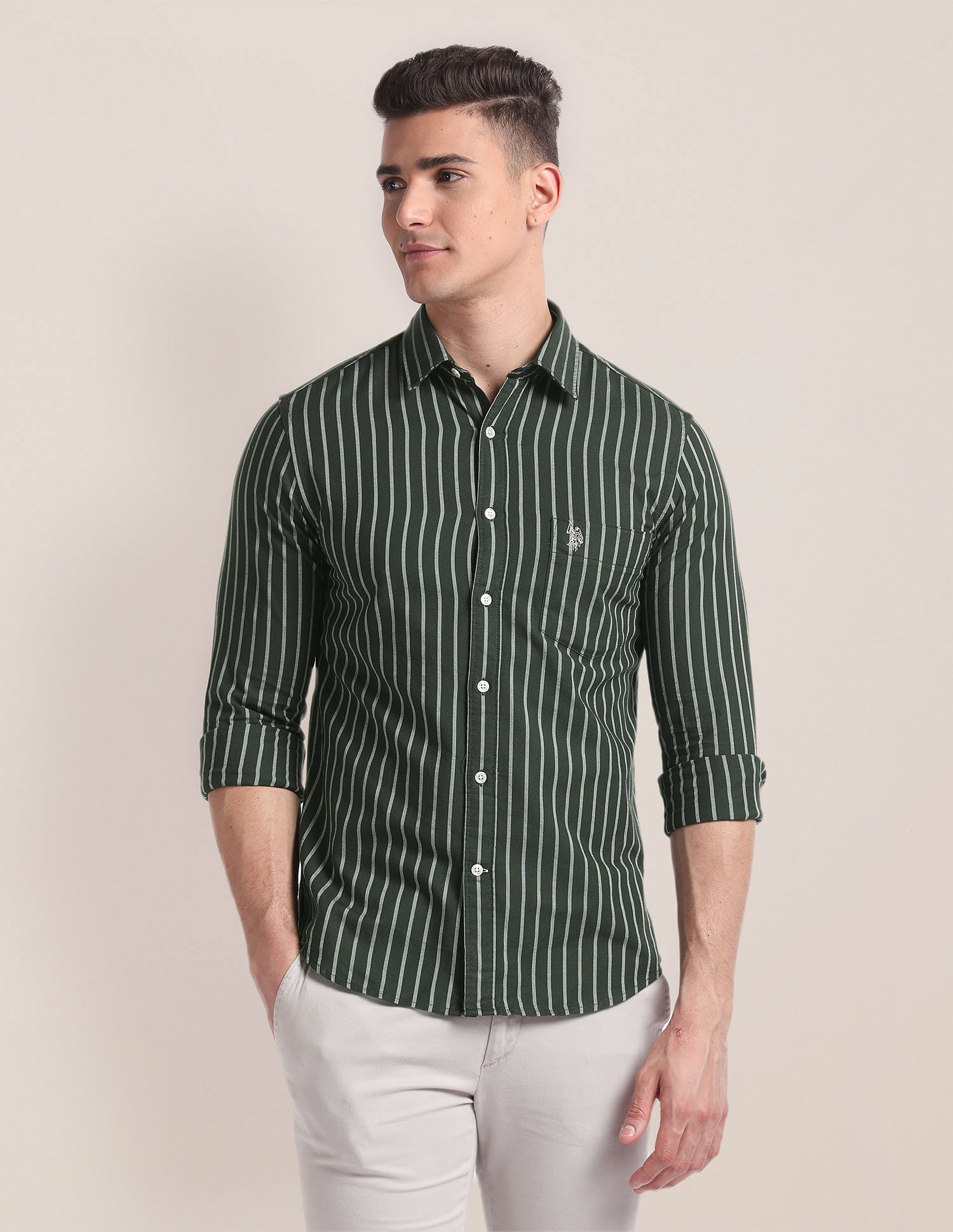 Premium Cotton Vertical Stripe Shirt Dark Olive - U.S. Polo Assn. India | Large
