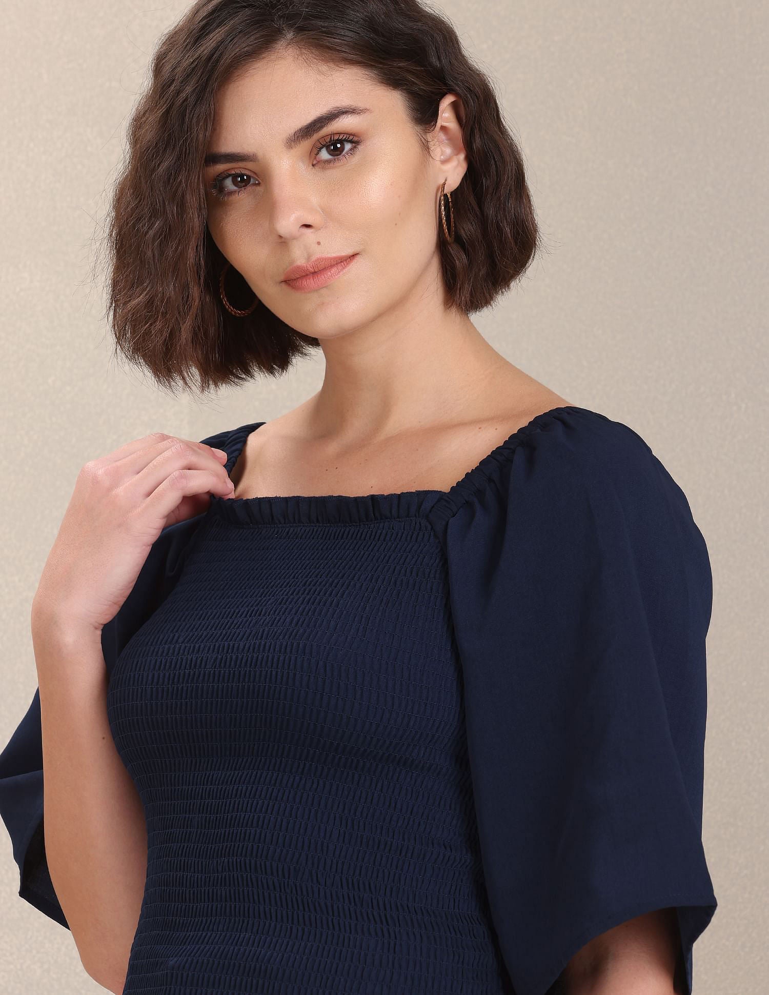 Bell Sleeve Smocked Bodice Solid Top Navy - U.S. Polo Assn. India | Large