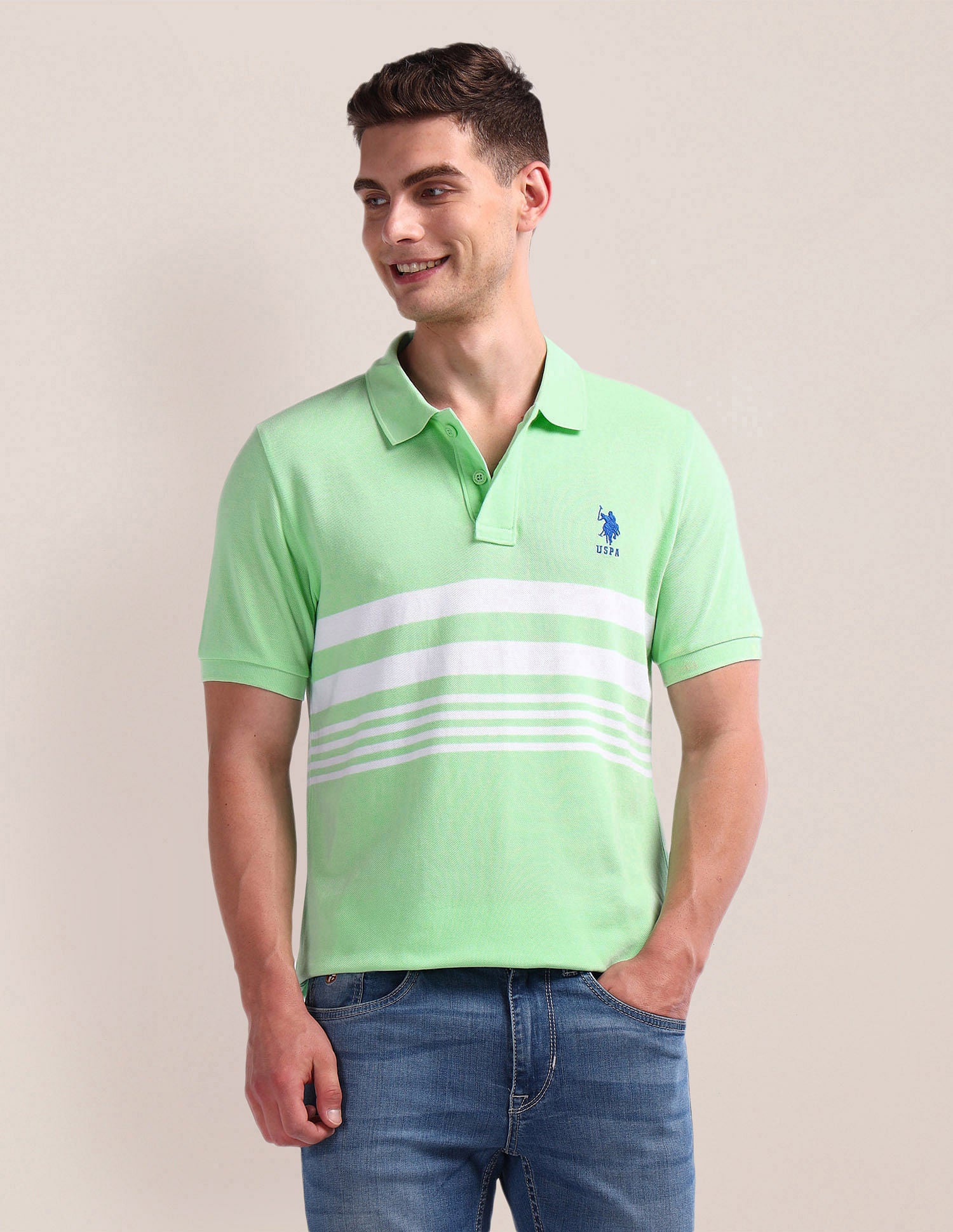 Horizontal Stripe Slim Polo Shirt White - U.S. Polo Assn. India | Large