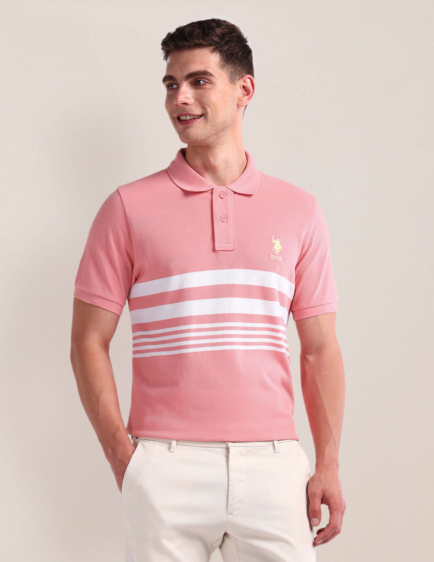 Horizontal Stripe Slim Polo Shirt Pink - U.S. Polo Assn. India | Large