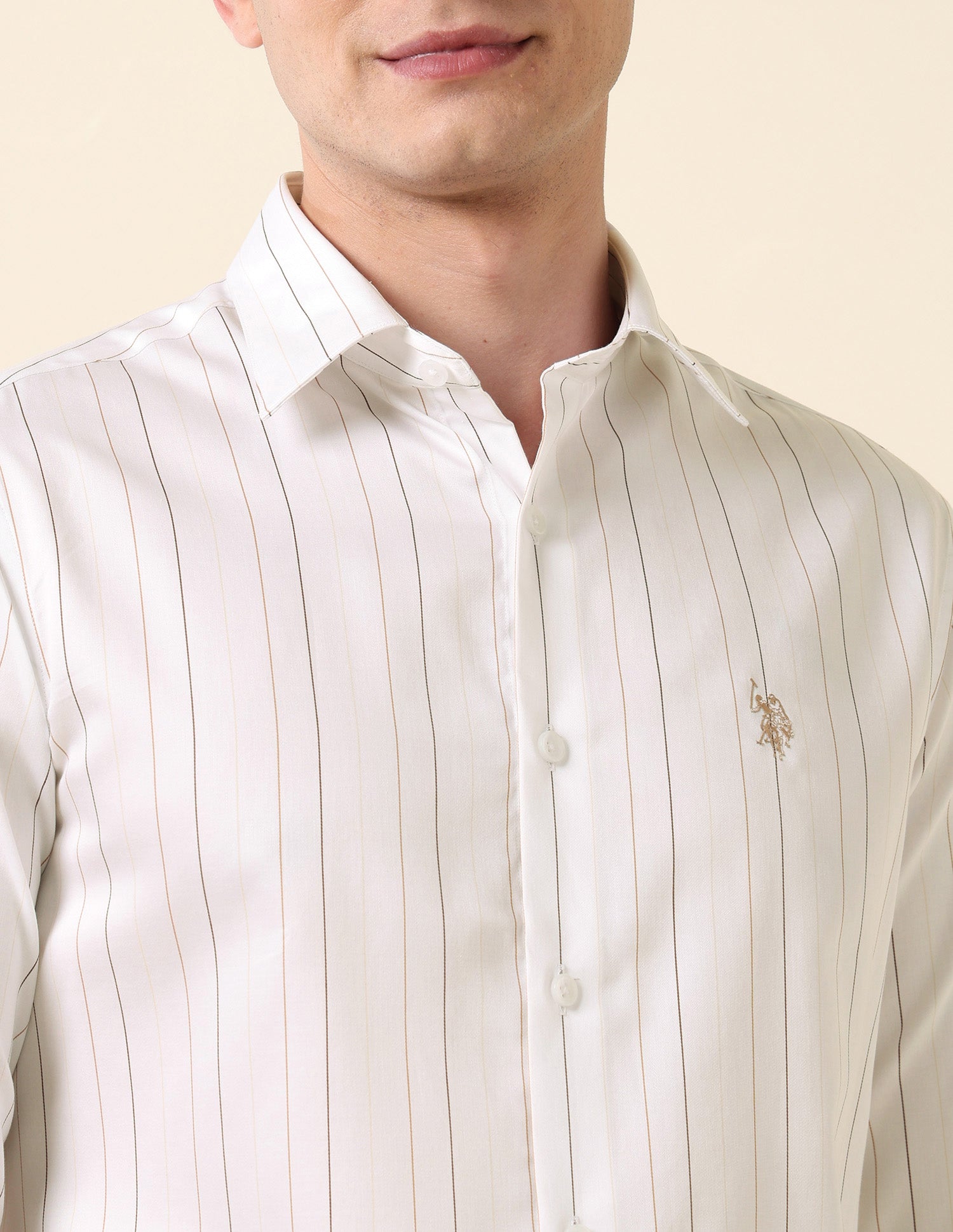 Vertical Striped Pure Cotton Shirt Beige - U.S. Polo Assn. India | Large