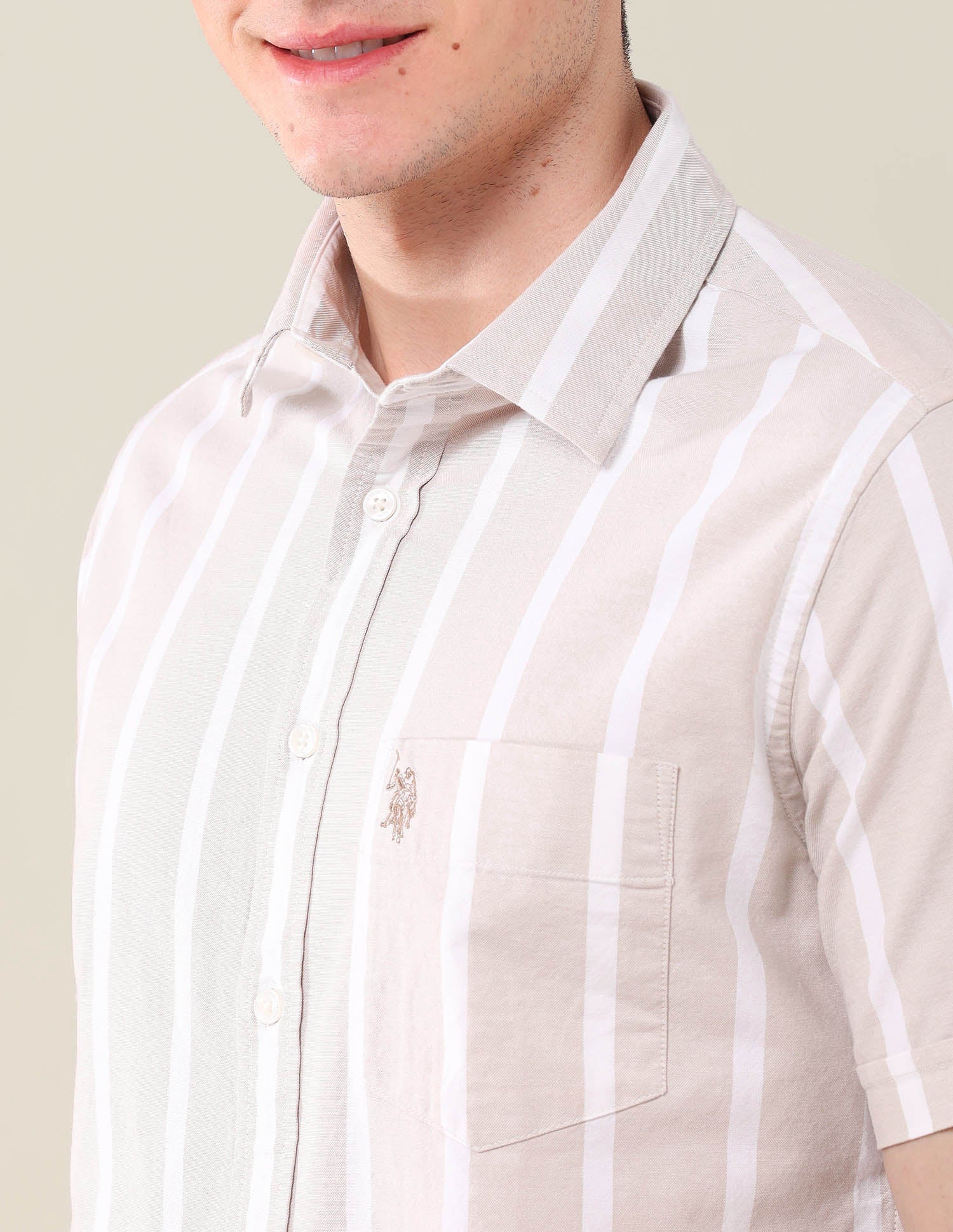 Vertical Striped Tailored Fit Shirt Beige - U.S. Polo Assn. India | Large
