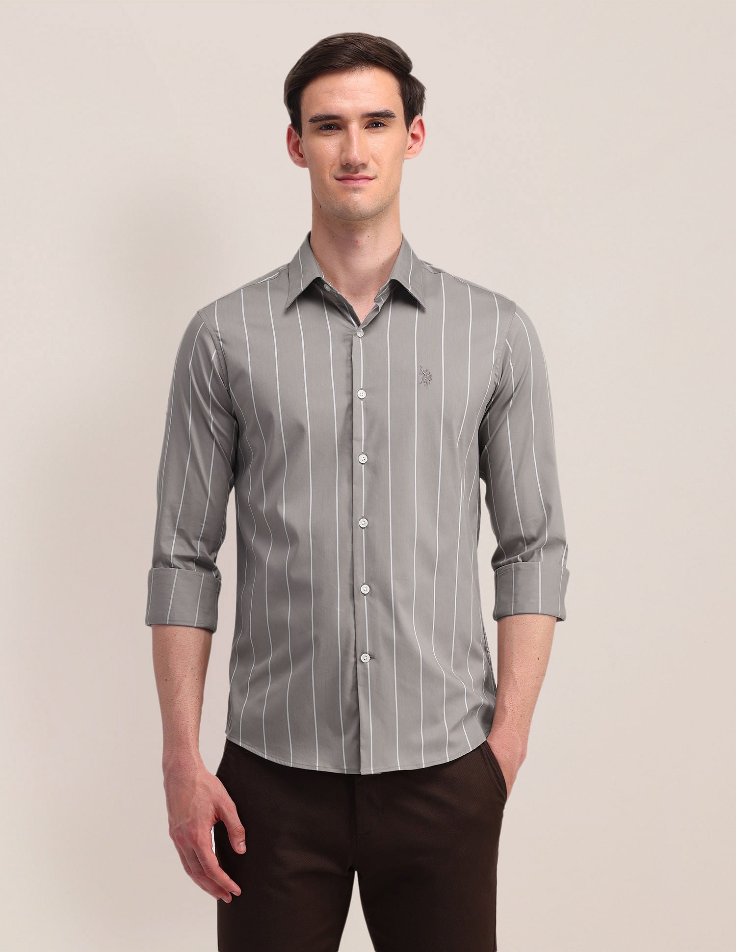 Vertical Striped Slim Fit Shirt Khaki - U.S. Polo Assn. India | Large