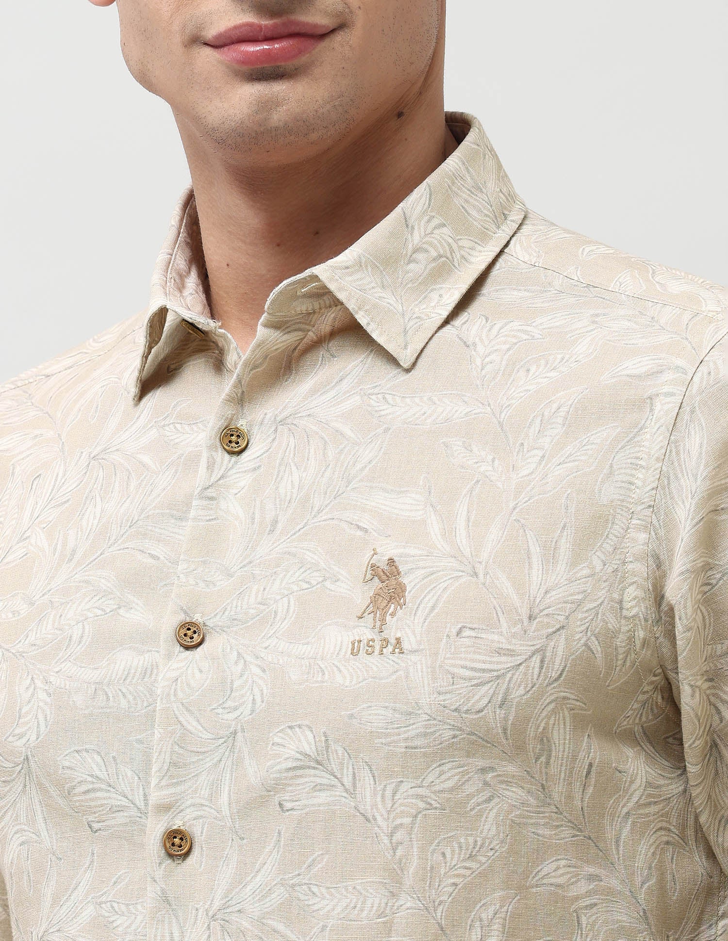 Tropical Printed Regular Fit Shirt Beige - U.S. POLO ASSN. | Large