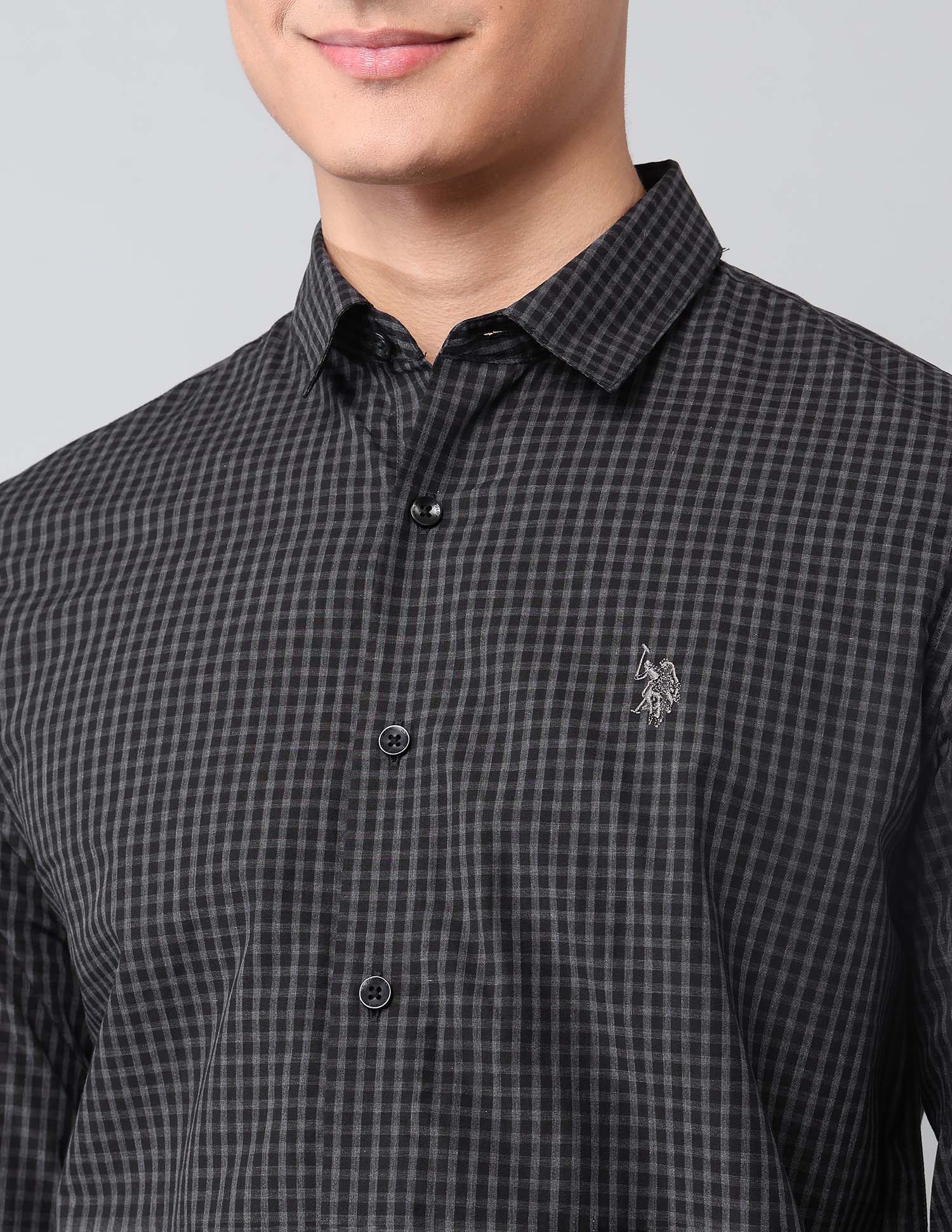 Pure Cotton Micro Checked Shirt Black - U.S. Polo Assn. India | Large