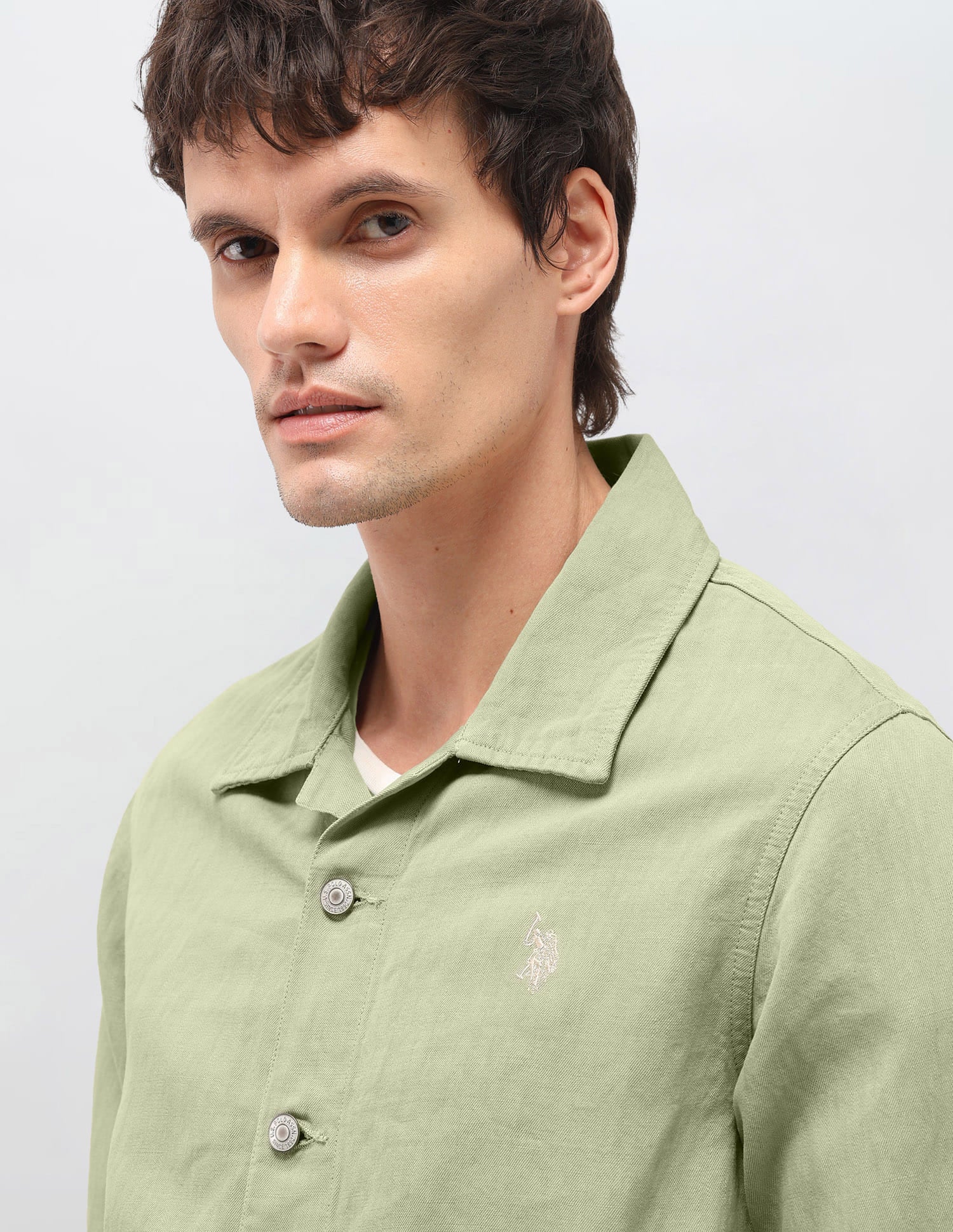 Solid Linen Regular Fit Jacket Green - U.S. Polo Assn. India | Large
