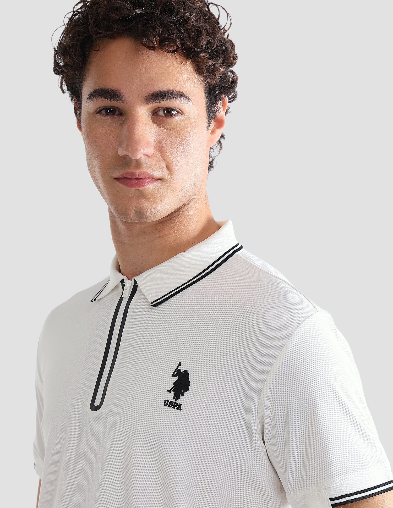 Solid Stripe Detail Slim Fit Active Polo Shirt Off White - U.S. Polo Assn. India | Large