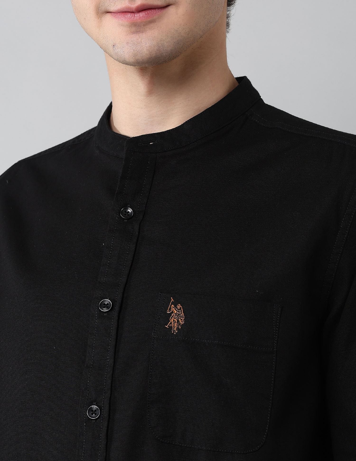 Solid Slub Mandarin Collar Shirt Black - U.S. Polo Assn. India | Large