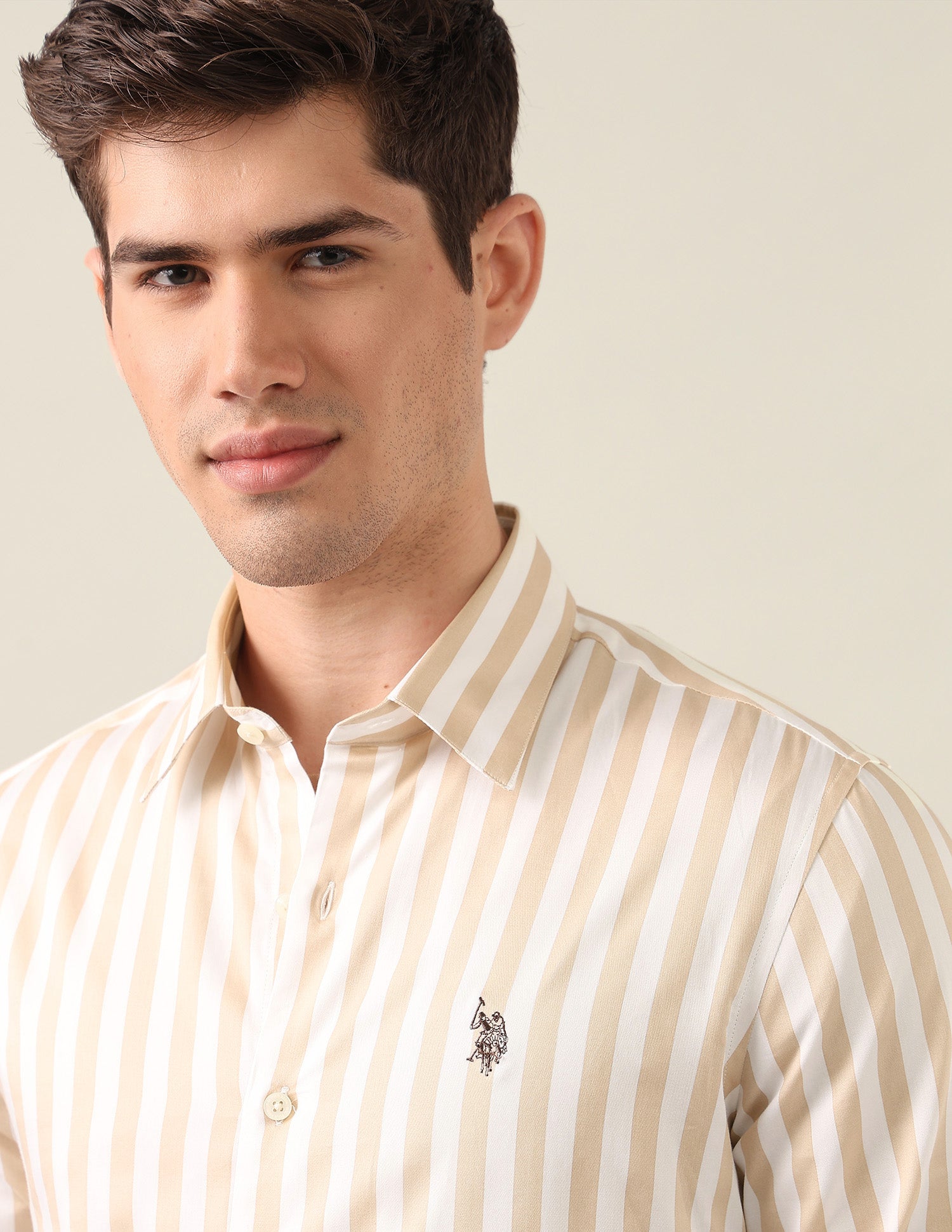 Vertical Striped Satin Shirt Beige - U.S. Polo Assn. India | Large