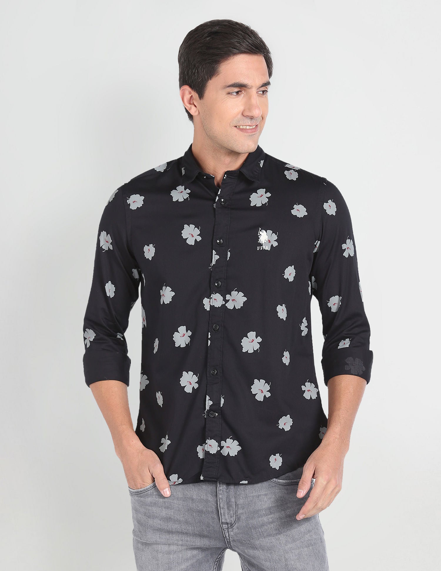 Floral Print Twill Shirt Black - U.S. Polo Assn. India | Large