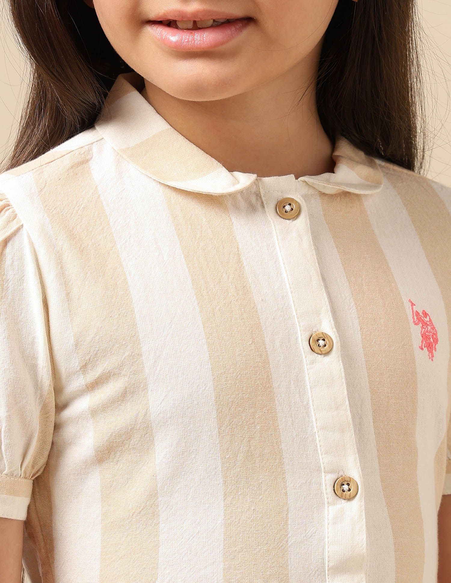 Girls Peter Pan Collar Shirt Dress Beige and Off White - U.S. Polo Assn. India | Large