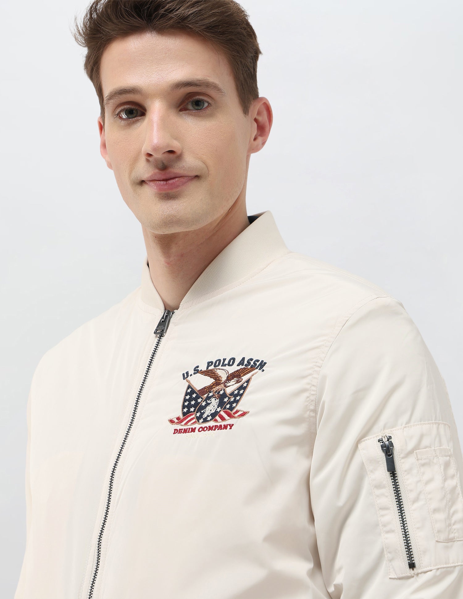 Solid Regular Fit Bomber Jacket Off White - U.S. Polo Assn. India | Large