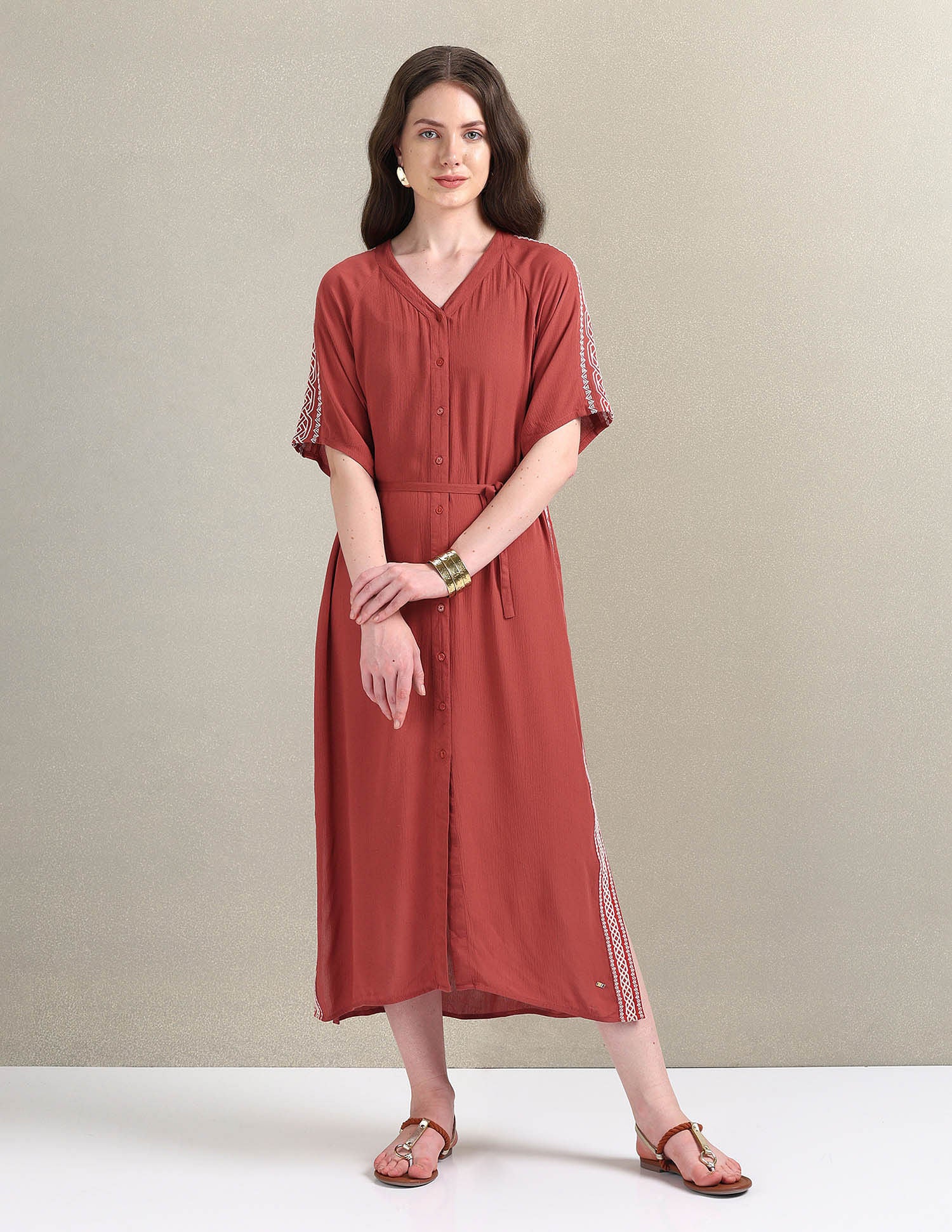 Crinkle Viscose Embroidered Dress Rust - U.S. POLO ASSN. | Large