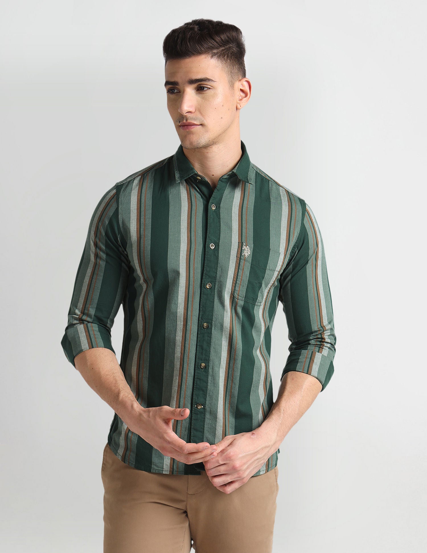 Vertical Stripe Slim Fit Shirt Green - U.S. Polo Assn. India | Large
