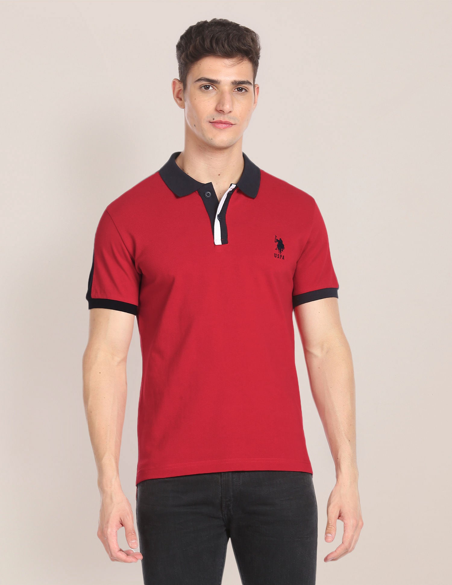 Buy Men Contrast Placket Cotton Polo Shirt Red|U.S. Polo Assn. India
