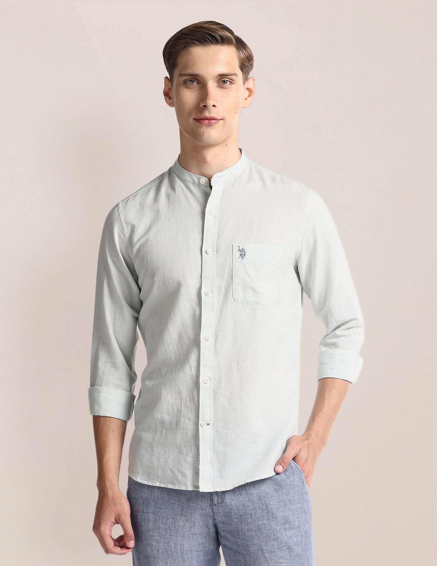 Mandarin Collar Linen Blend Shirt Light Aqua - U.S. Polo Assn. India | Large