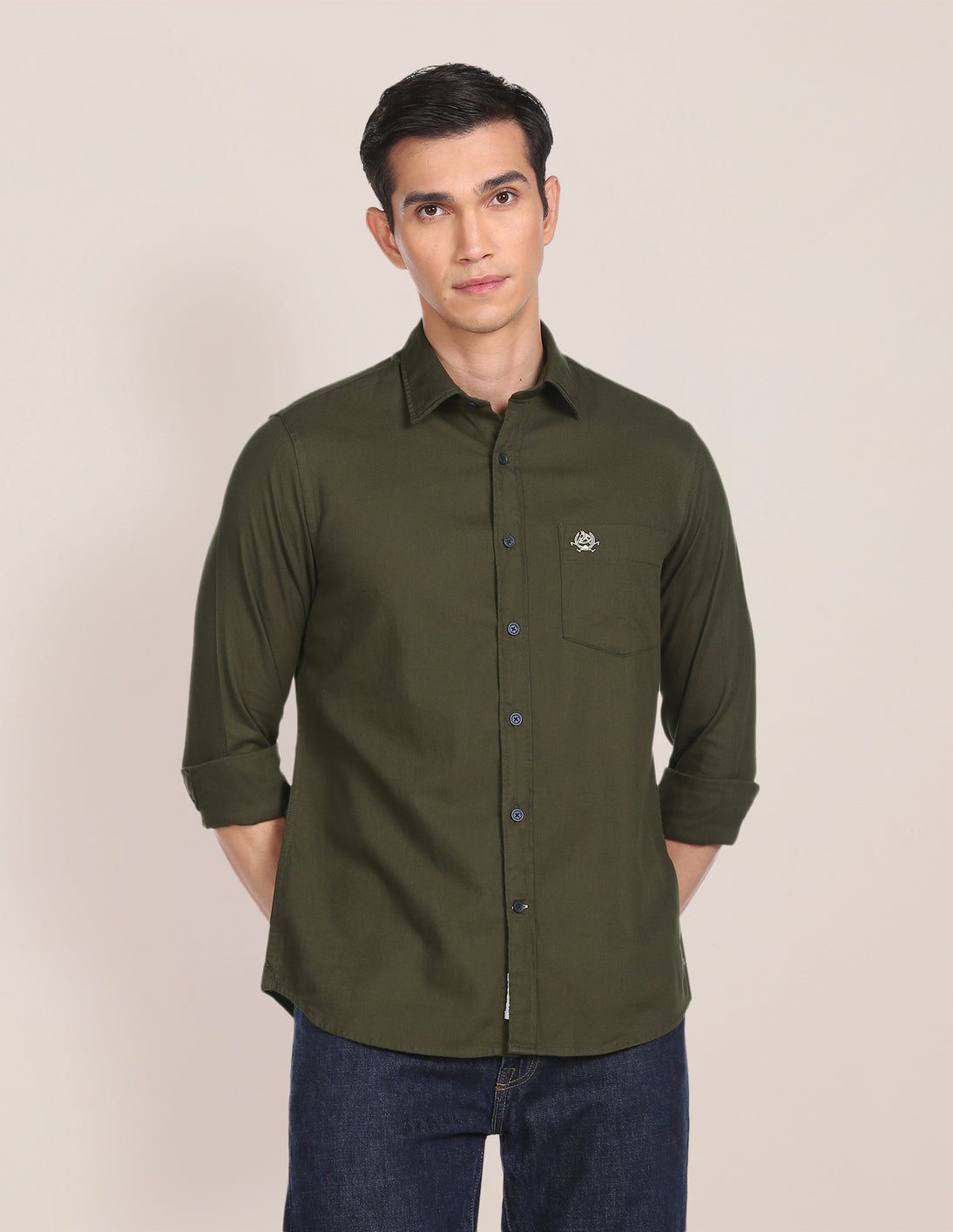 Spread Collar Solid Casual Shirt Olive - U.S. Polo Assn. India | Large