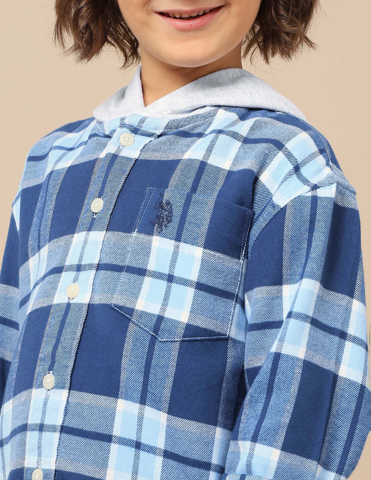 Boys Tartan Checked Hooded Shacket Navy - U.S. POLO ASSN. | Large