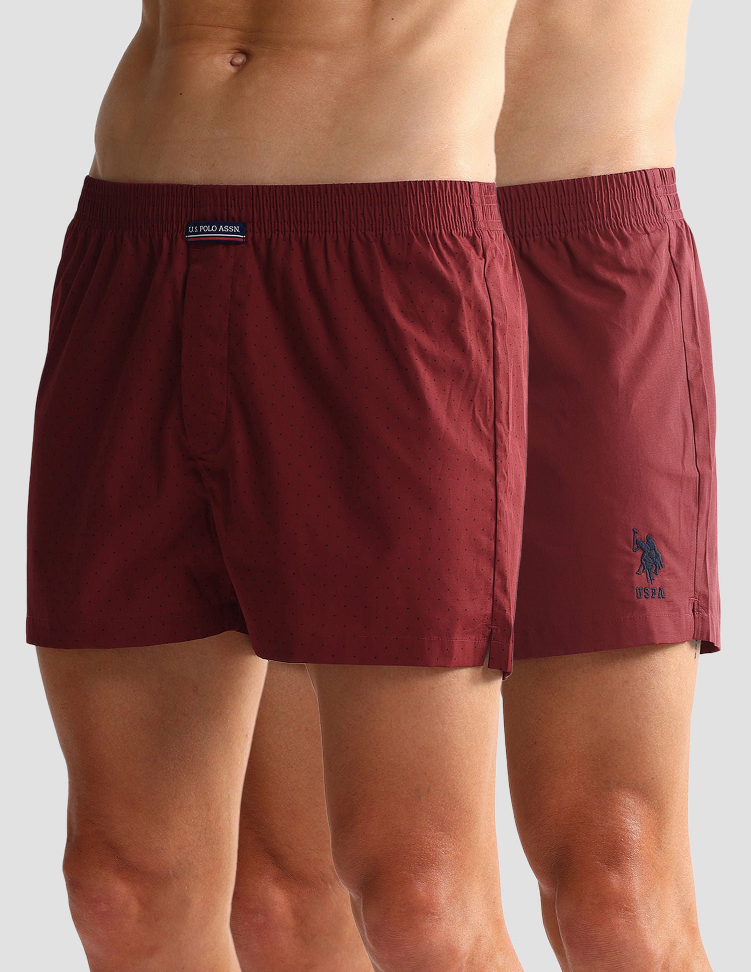 Mid Rise Solid OEX05 Shorts - Pack Of 2 Polka Dot Maroon And Maroon - U.S. POLO ASSN. | Large