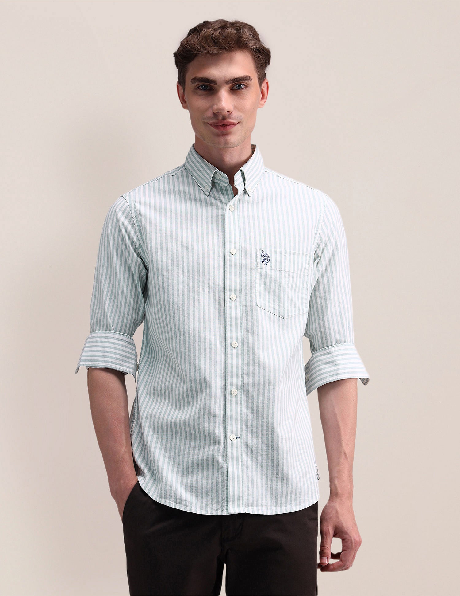 Vertical Striped Oxford Shirt Light Green - U.S. POLO ASSN. | Large