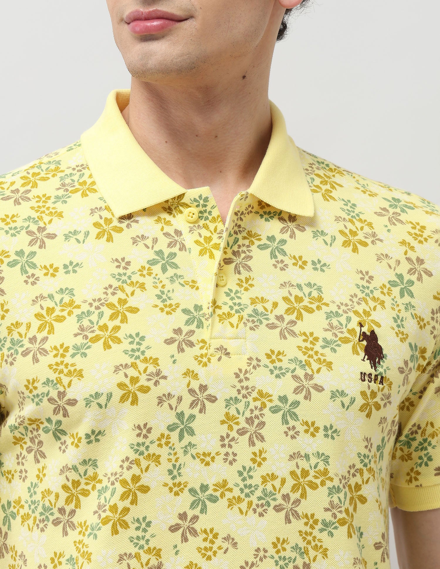 Pure Cotton Floral Printed Polo Shirt Yellow - U.S. Polo Assn. India | Large